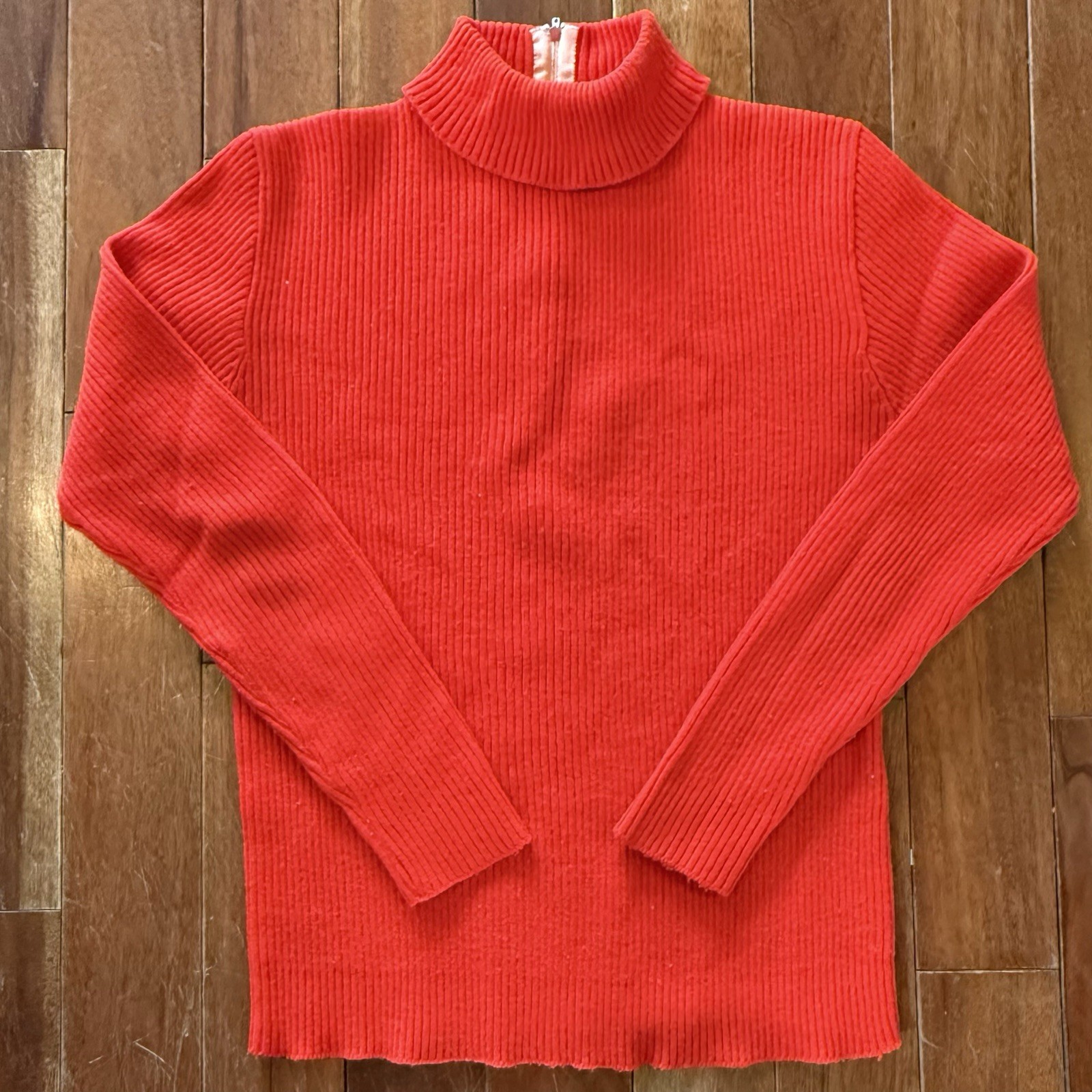 VTG 60s Burnt Orange Ribbed Velma Mock Turtleneck Sweater Back Zip Women Sz L