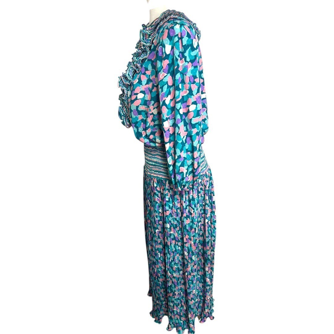 VTG Neiman Marcus Susan Freis Ruffle Collar Pleated Long Sleeve Dress Size Large