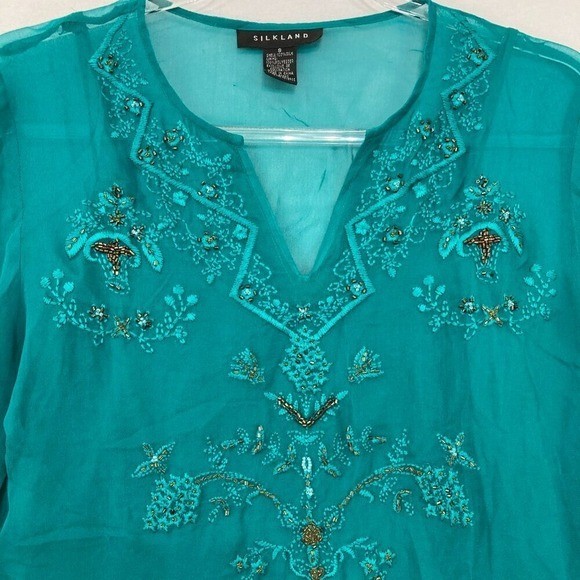 Vintage Silk Land Size Small Teal Embroidered Beaded Flare Sleeve Fairy Blouse