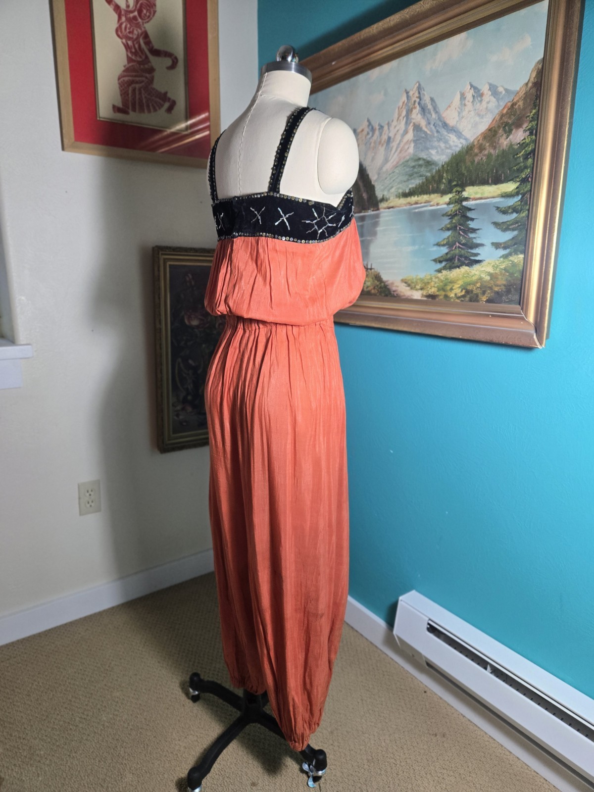 Vtg 1920s 1930s Orange Cotton/Silk Beach Pajamas Romper Velvet Sequin
