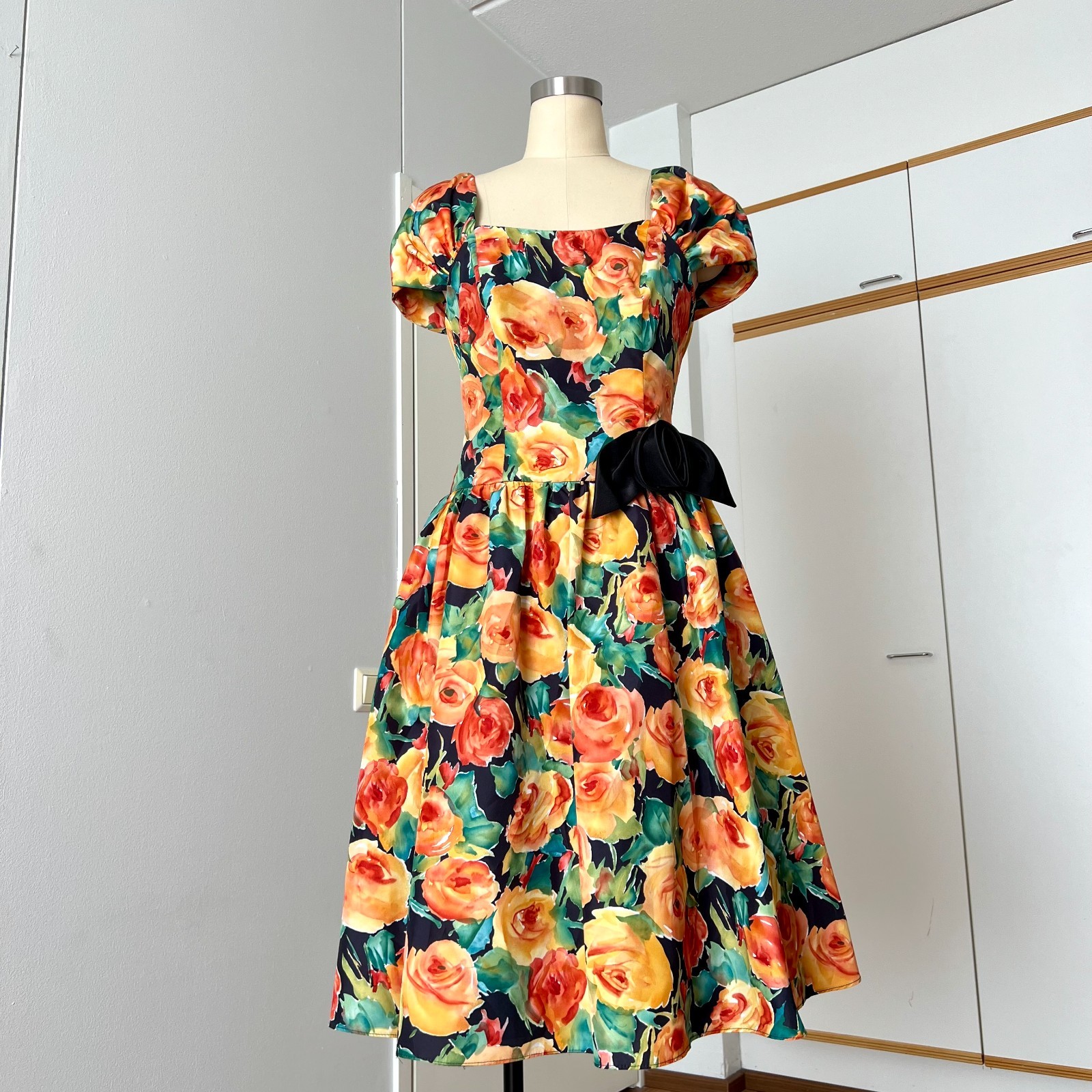 1980s Floral Midi Party Dress Square Neck Aline Retro Day Dress Cottagecore EU40