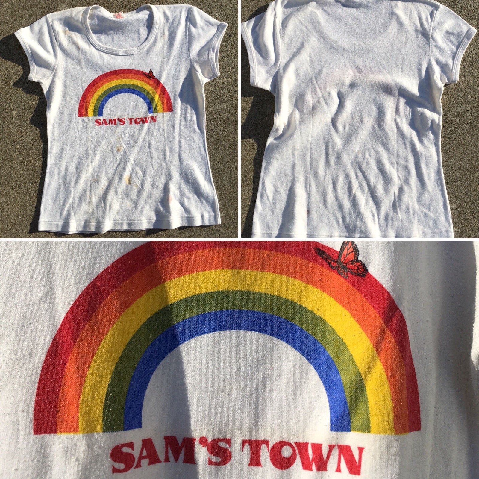 Vintage SAMS TOWN Rainbow Graphics W/ Butterfly T Shirt 70s 80s Misses Large