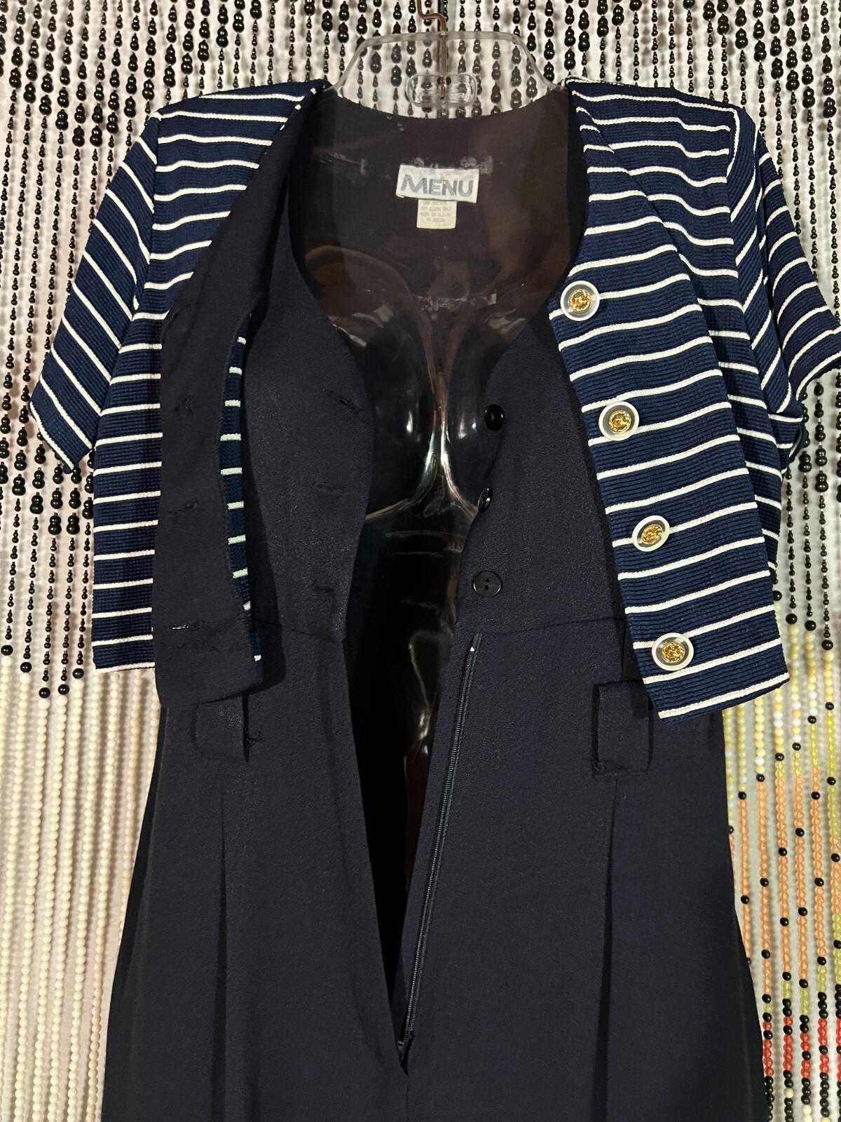 VTG 80s MENU Jumpsuit Navy Blue Attached White Striped Cropped Jacket Disco SZ 6