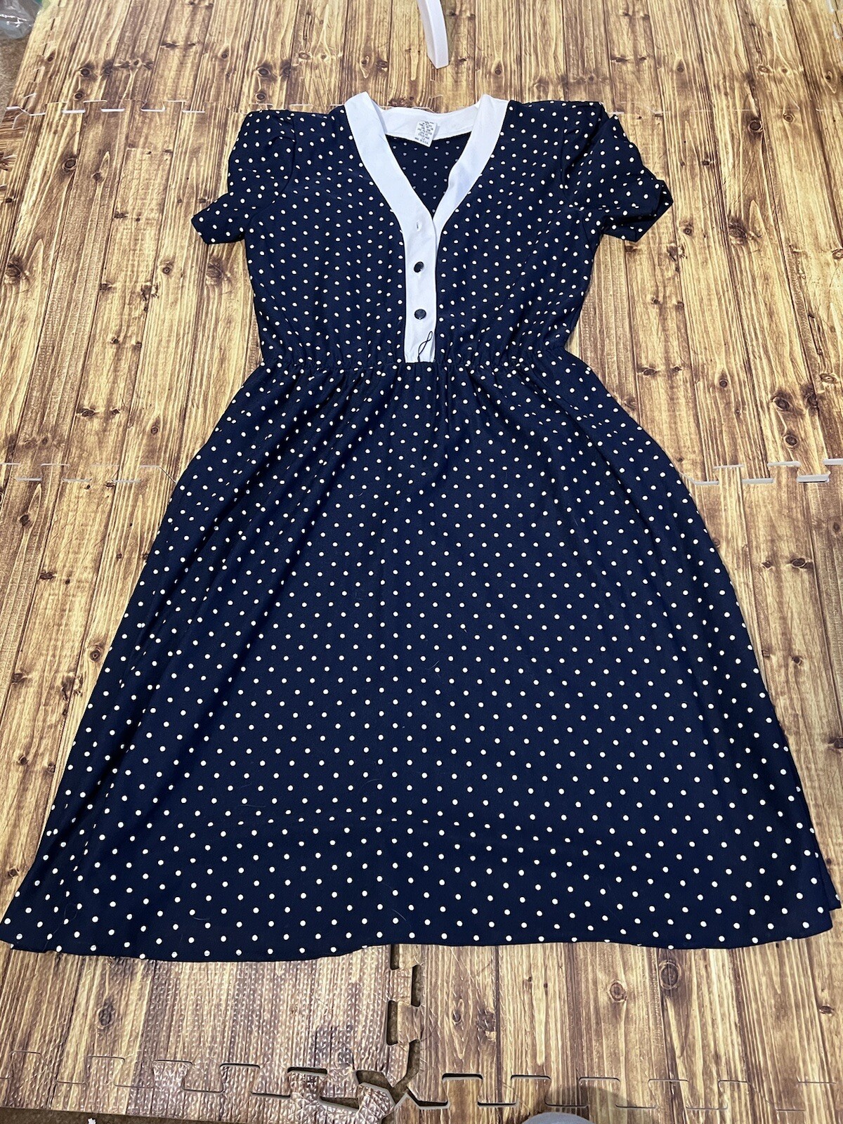 Vintage Secretary Dress Navy And White Polka Dot