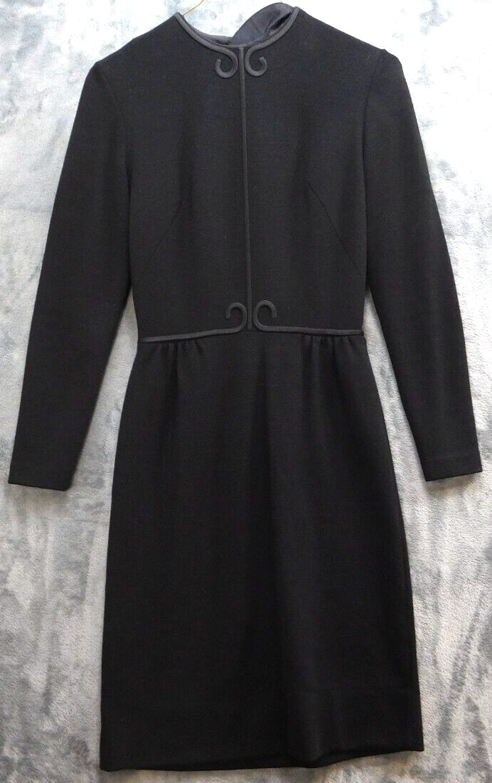 Gay Gibson Vintage Black Long-sleeved Wool Dress Size S Piping Trim Back Zip