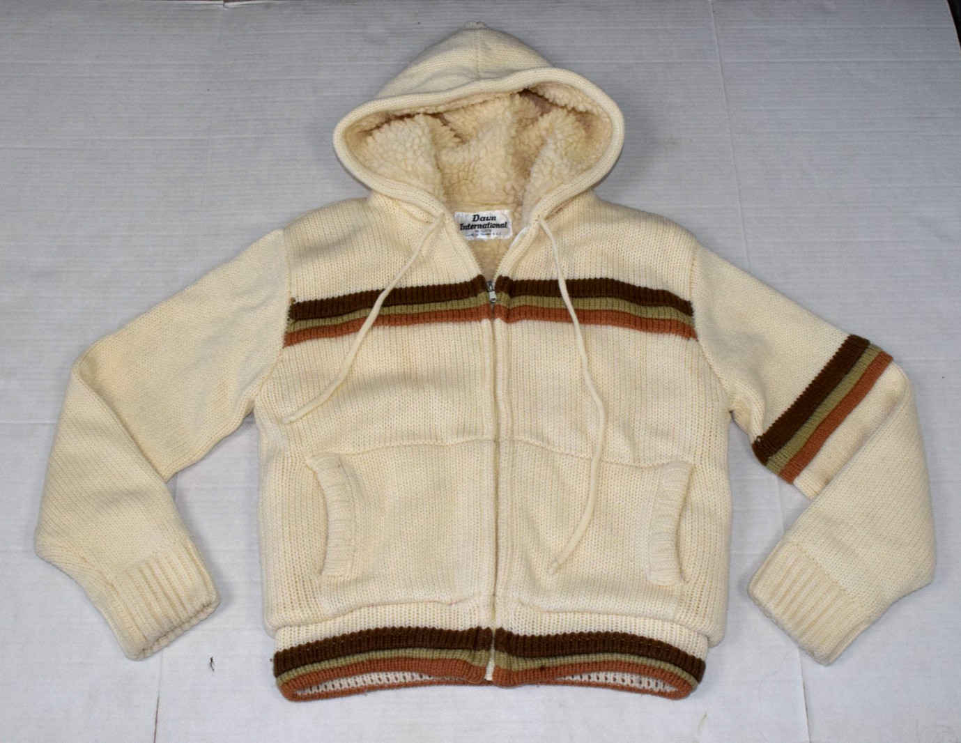 Vintage Sweater Jacket Dawn International Size L 70s Ivory Sherpa Lined Warm