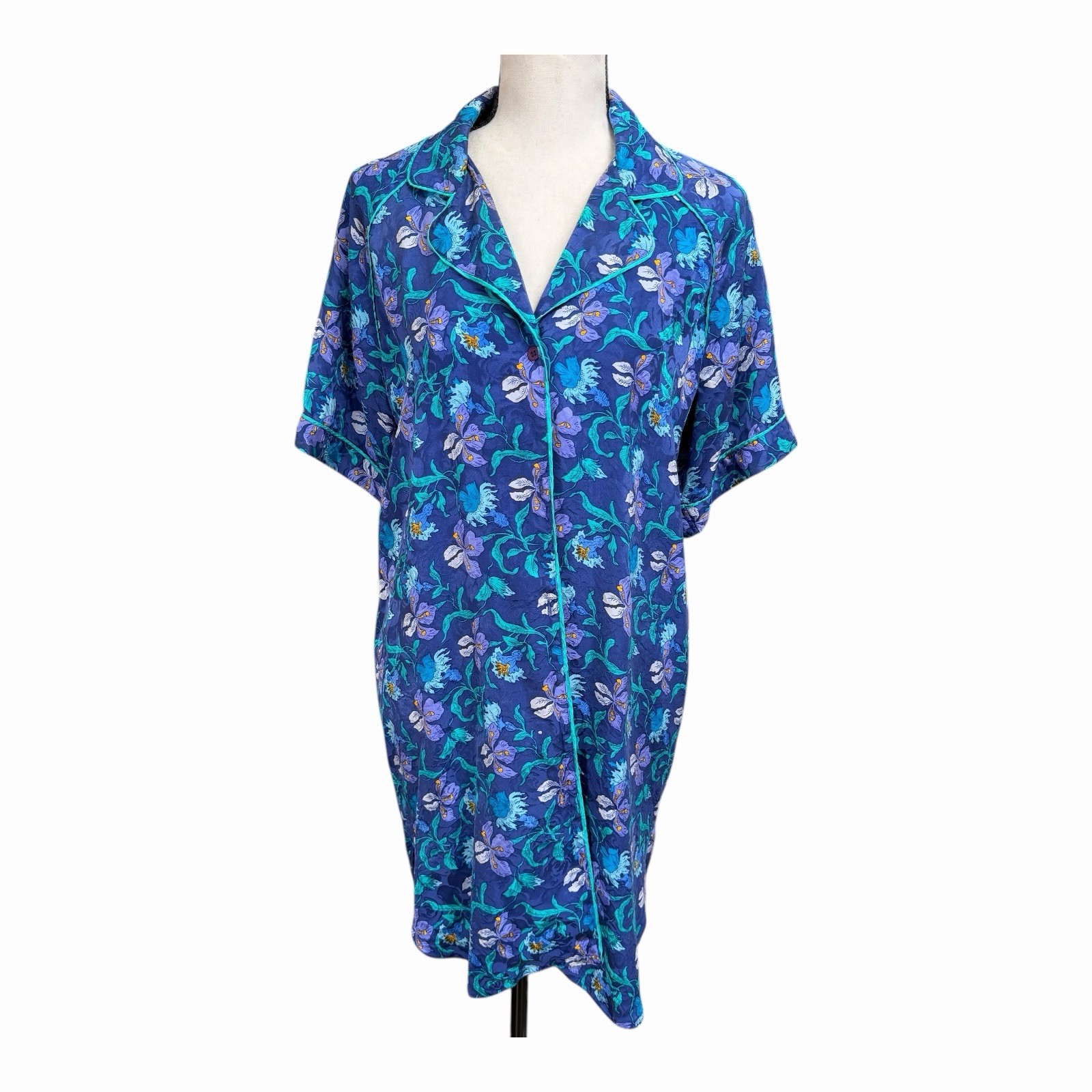 Vintage Valerie Stevens Pure Silk Floral Nightgown Robe Blue Teal 90s Loungewear