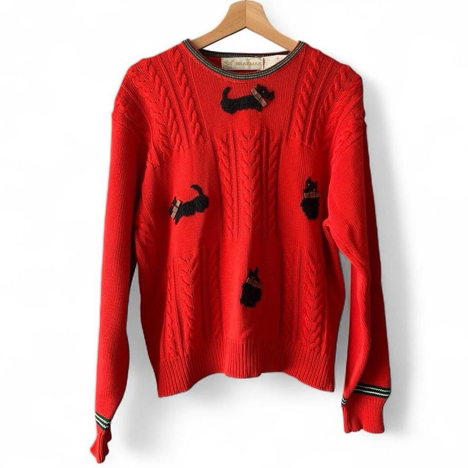 Vintage Red Knit Sweater Sz 38 Medium Scottish Terrier Old Money Preppy Holiday