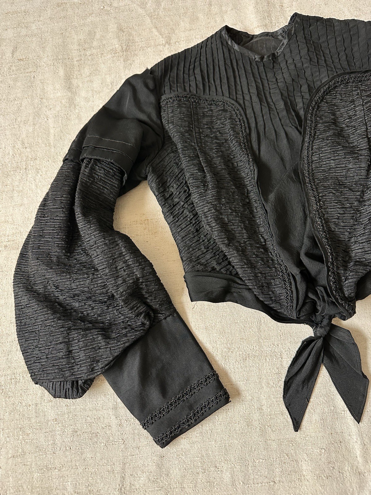 1870s Antique Blouse Jacket Black Silk Mourning Puff Sleeve Corset Top Womens XS