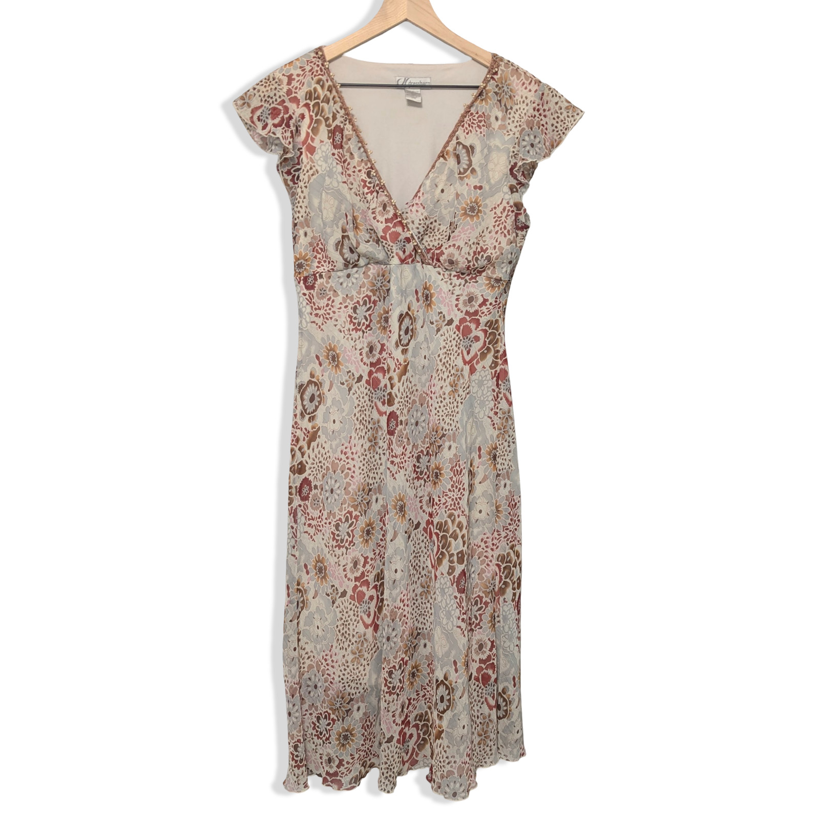 Vintage Y2K Dress Barn Women’s XL Flowy Floral Warm Toned V-Neck Dress Fairycore