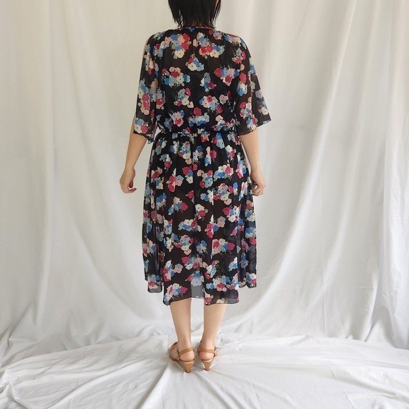 70s/80s Sheer Black, Pink, and Blue Floral Dress