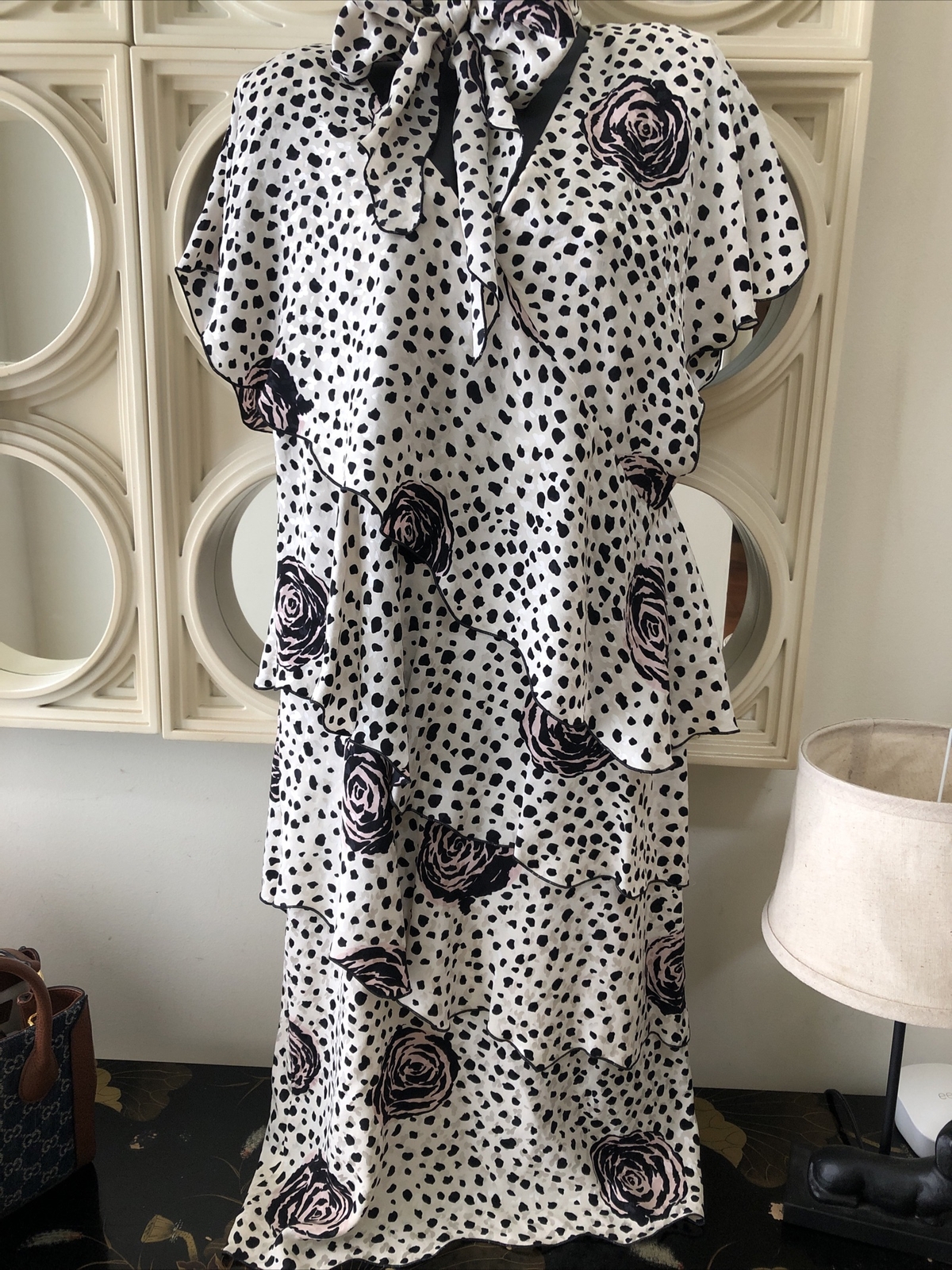 Holly Harp vintage 80s tiered floral & polk dot dress with pussy bow neck sash S