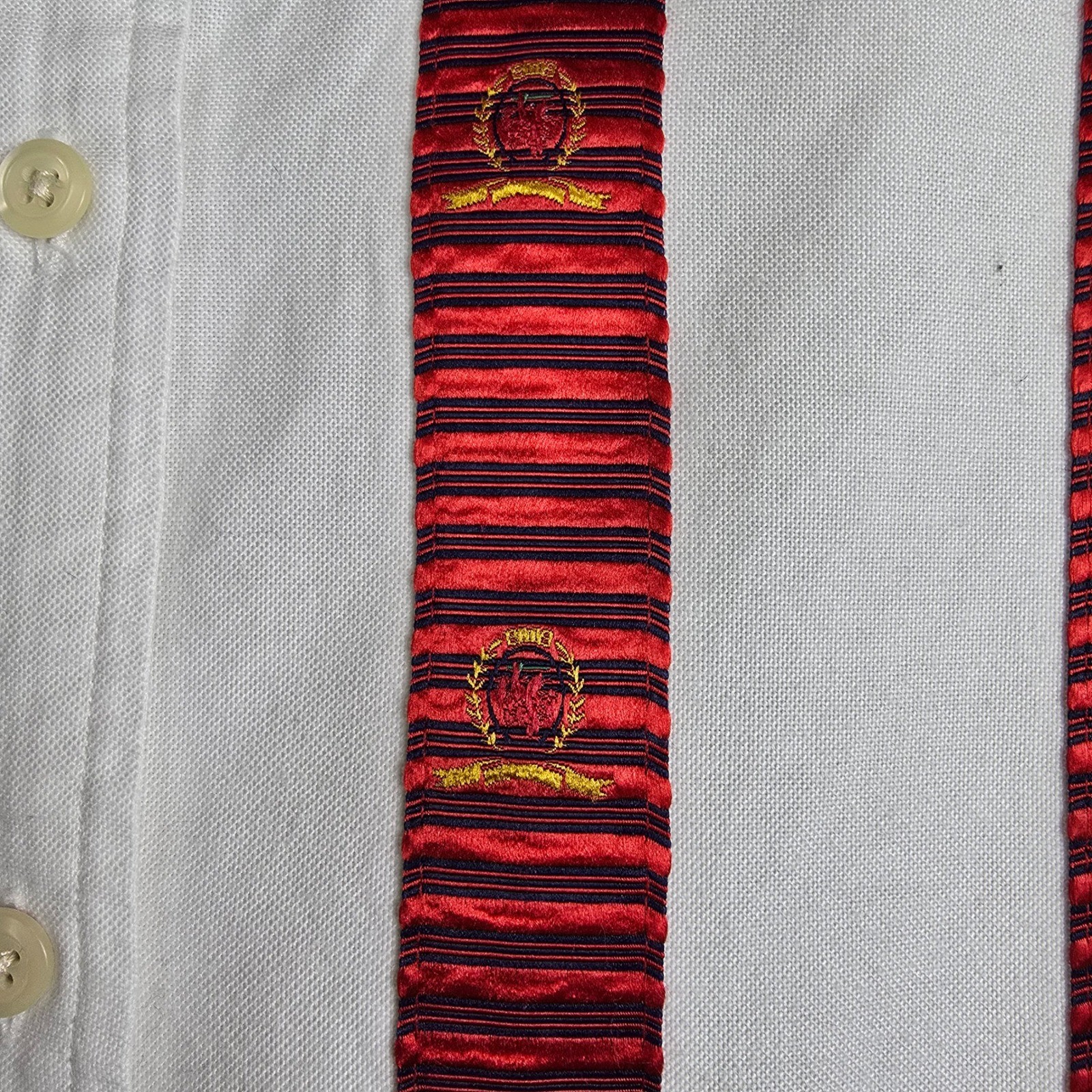 Vintage Tommy Hilfiger Striped Button Up Shirt White Red Ribbon Crest Size 4