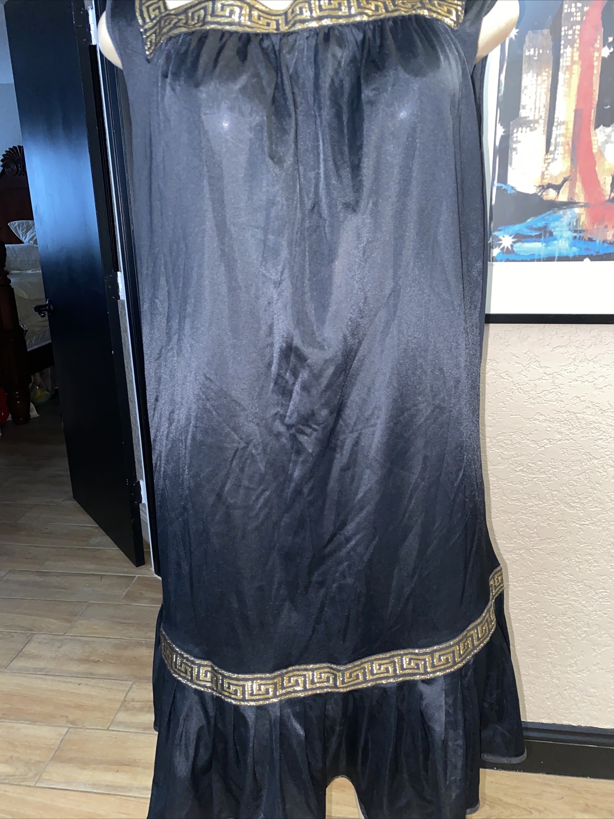 VTG Pinehurst Lingerie Greek Key Gold Metallic Trim Black Nightgown Rare LG PK1
