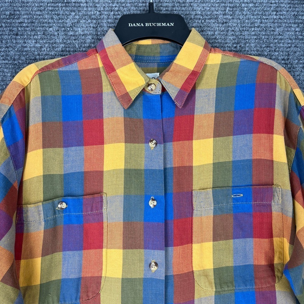Theo Shirt Women M Vintage 90s Made In Korea Oversized Plaid Chest Pockets Woven