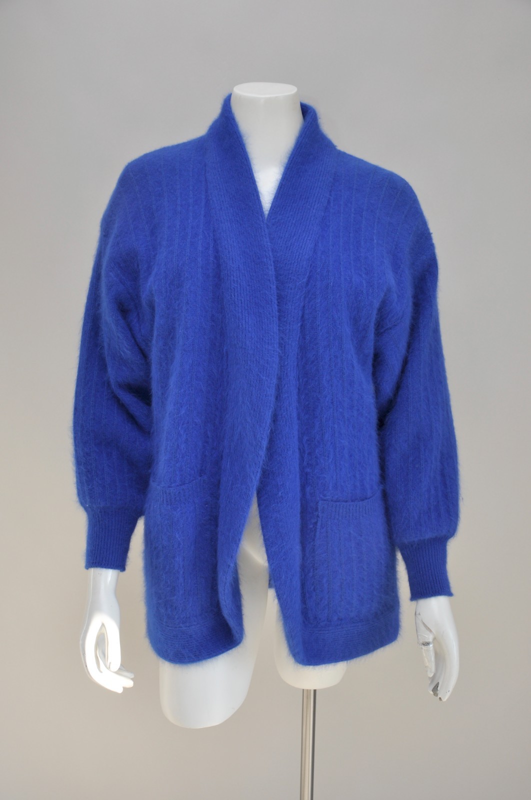 Vintage 1980s Soft Fuzzy Cobalt Blue Long Cardigan Jacket Pockets Warm XS-M