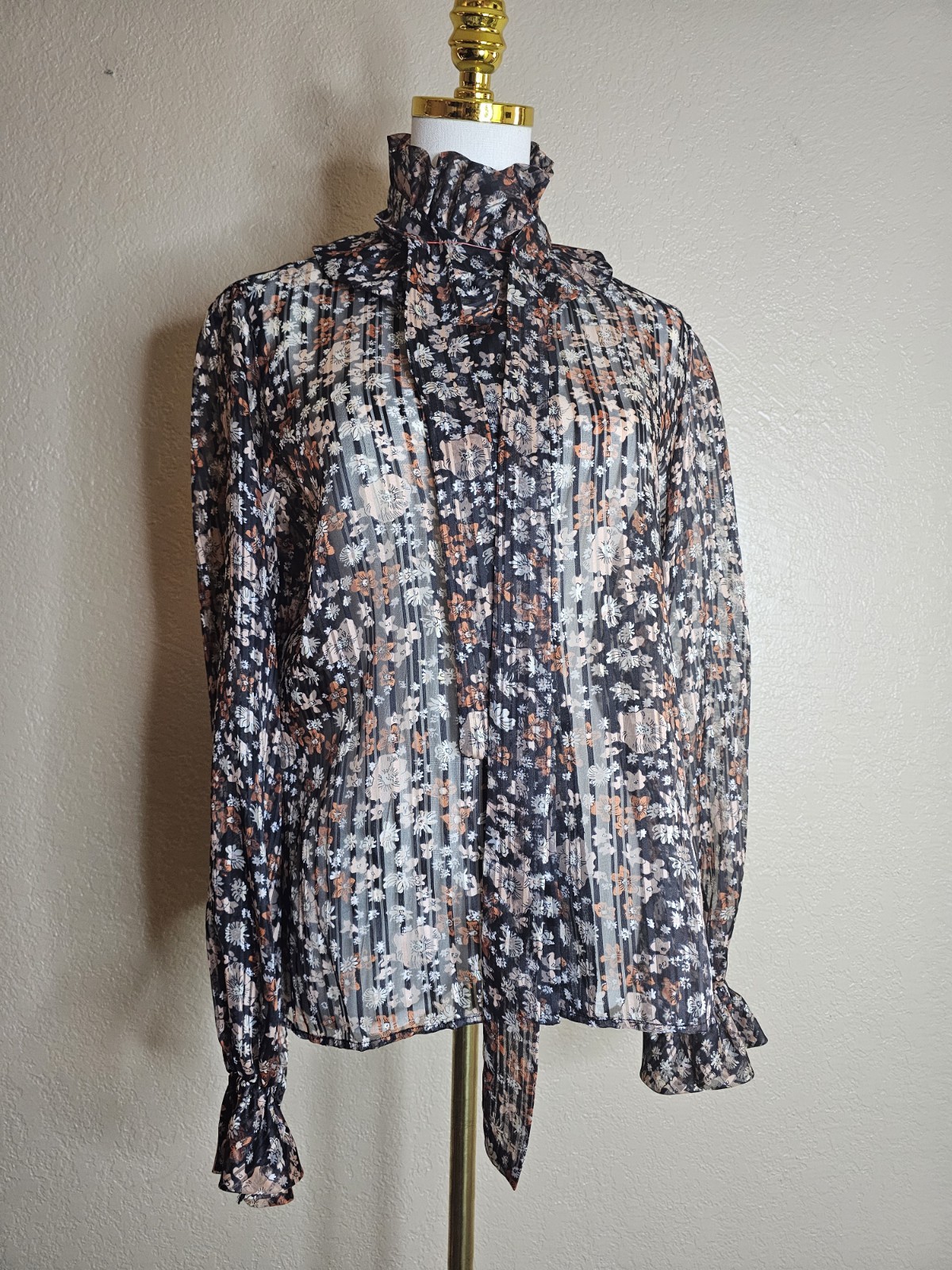 VTG MALBE Blouse Size 1 3/ 14 Floral Print Sheer Stripe Ruffled Collar Top