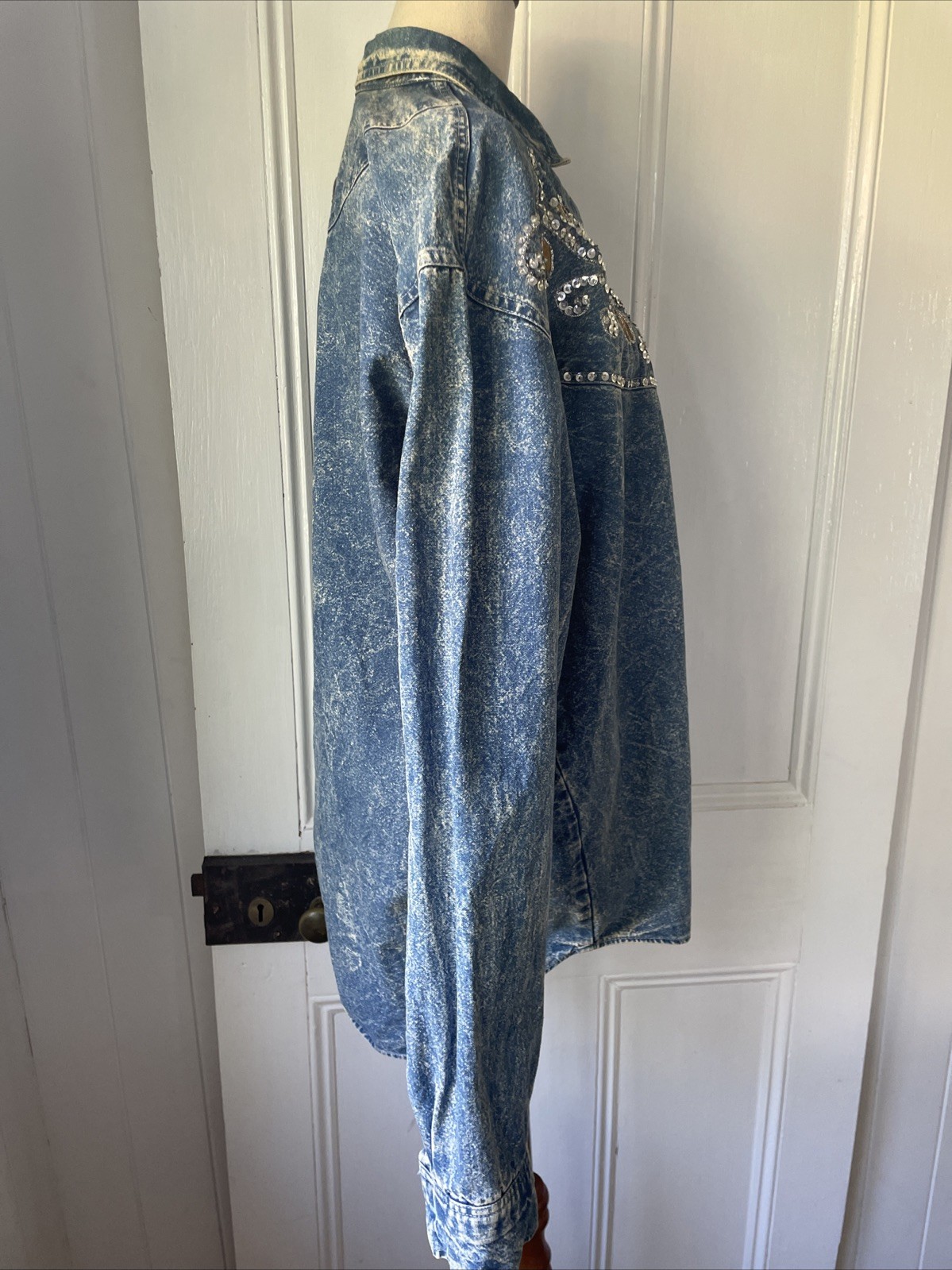 90s Vintage Christopher Ari Size XL Oversized Blue Stonewash Denim Shirt Sequin