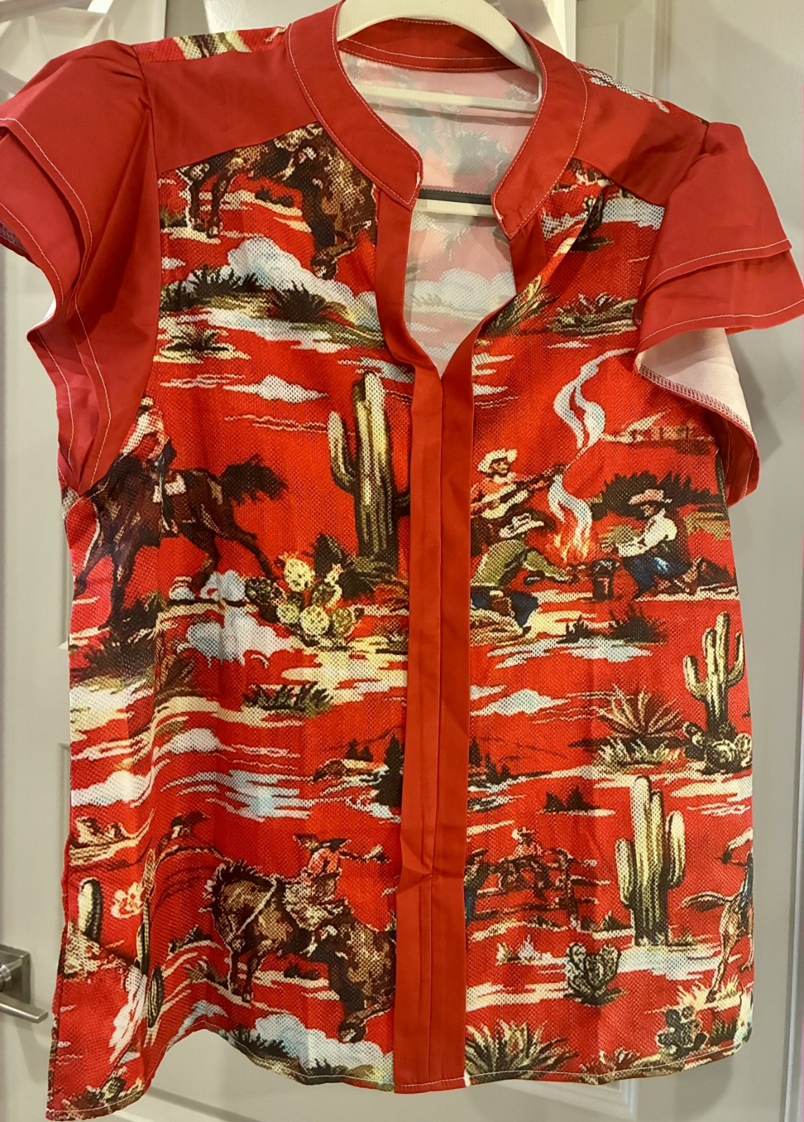 Western Cowgirl Desert Scene Flutter Sleeve Rockabilly Rodeo Ranchwear EUC