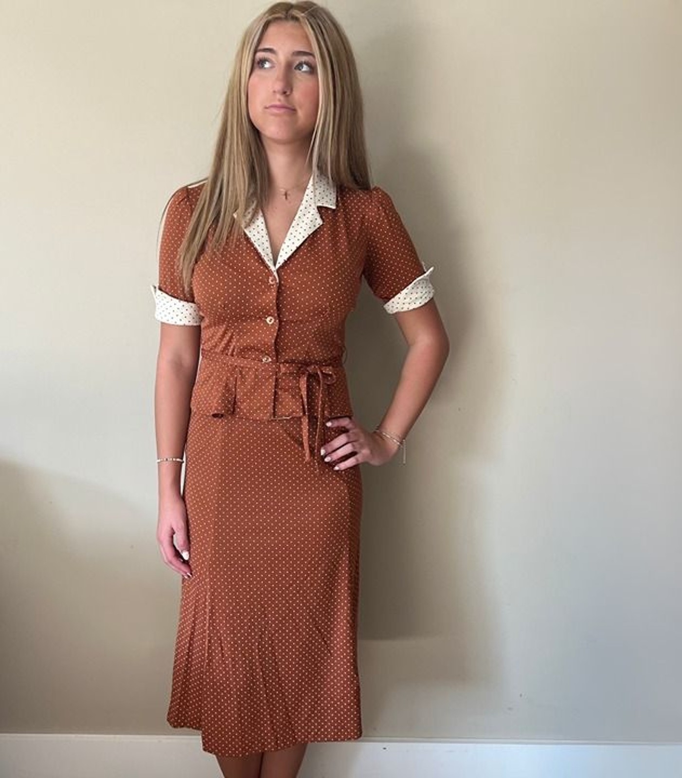 BNWT Deadstock 1950s Vintage Rockabilly 2pc Polka Dot Suit Top & Skirt Outfit 7