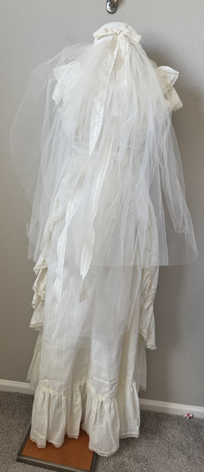 Vtg 70s Ivory Wedding Dress Prairie Cottage Core Peasant Bonnet Hat Veil Trek