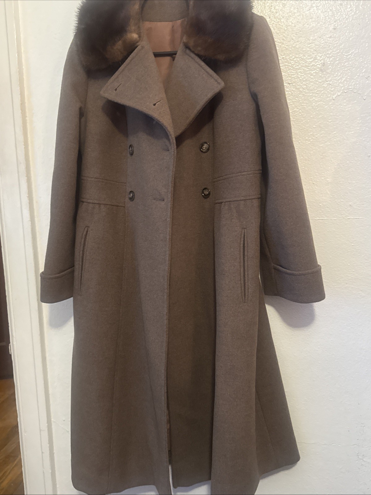 VTG 60s Stevens Worumbo Coat Womens Sz S/M Taupe MCM Wool Mink Fur Collar