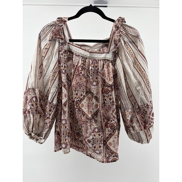 EST 1946, Boho Peasant Top Cotton Cream Brown Cottagecore Long Sleeve Hippie