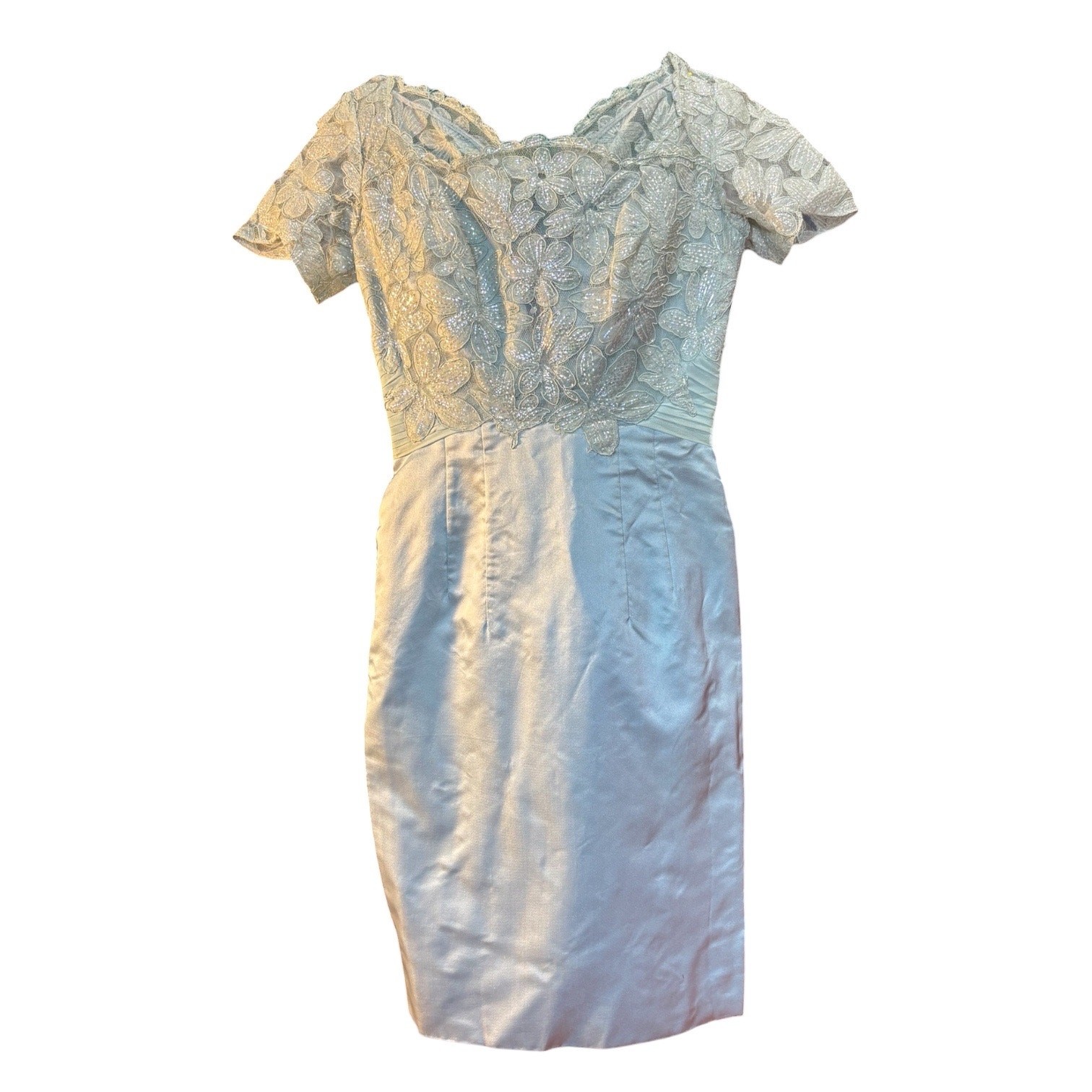 50s Ice Blue Beaded Lace Bombshell Wiggle Dress Cocktail Glam