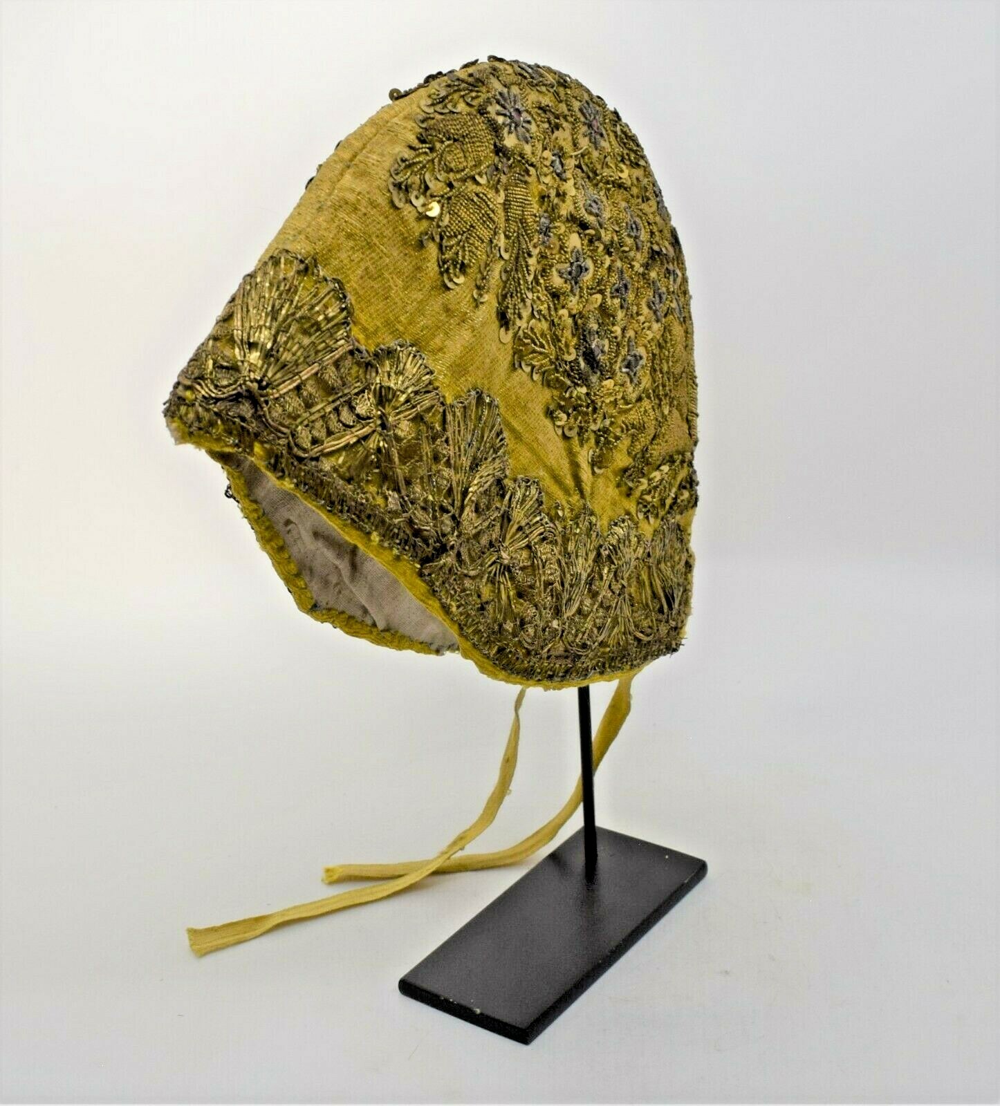 Antique 18th Century Fine Woman’s Hat Coif Gold Floral Designs European Beaded