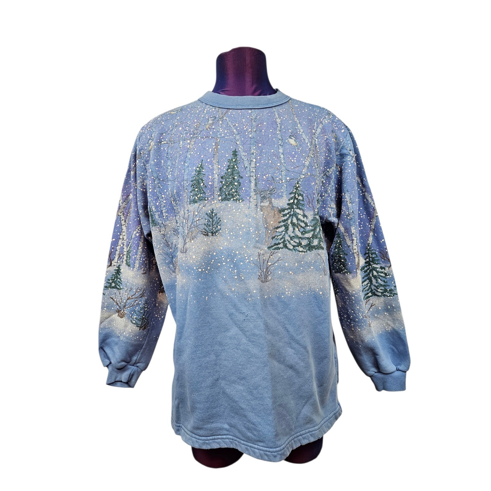 Vintage Artisans Sunschein Designs Winter Deer Scene Sweatshirt Blue Women Large