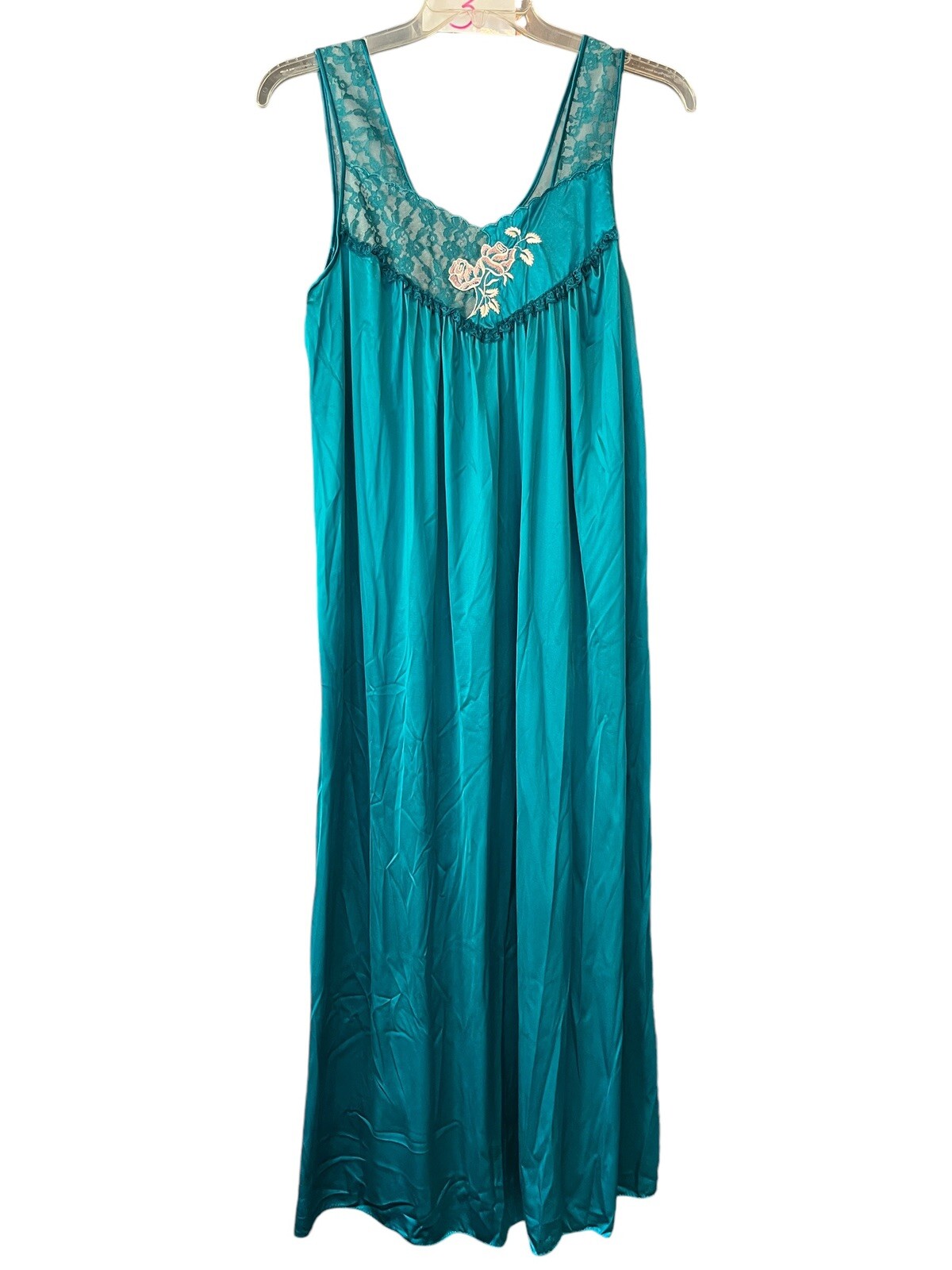 Vintage Vanity Fair Medium Winter Jade Nightgown Full Length Embroidery Satiny