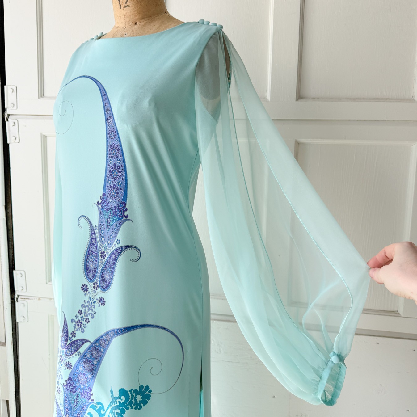 VTG 60s 70s Alfred Shaheen Aqua Blue Maxi Dress Sheer Balloon Sleeves L Hawaiian