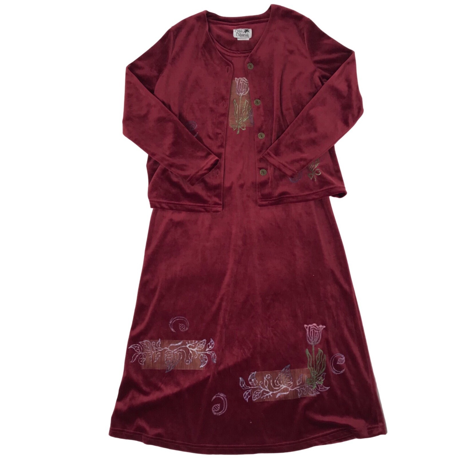 Vintage 90s Red Floral Velour Cottagecore 2-Piece Maxi Dress Cardigan Set / L