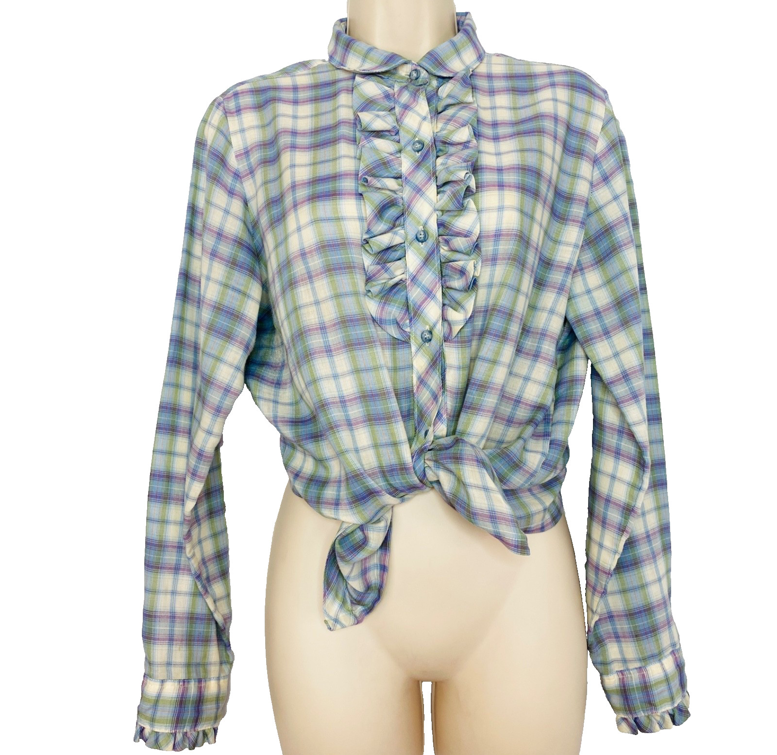 Vintage 1970s purple plaid blouse L ruffle long sleeve white green Victorian