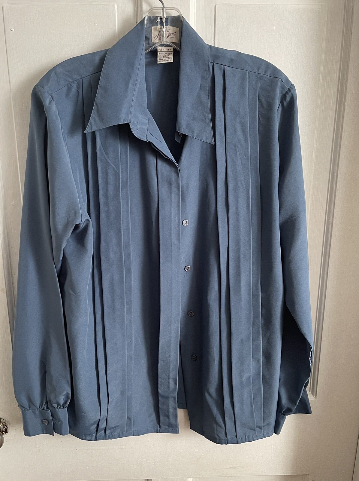 Laura Scott Vintage Steel Blue Polyester L/S Collared Pleated Blouse Size 12