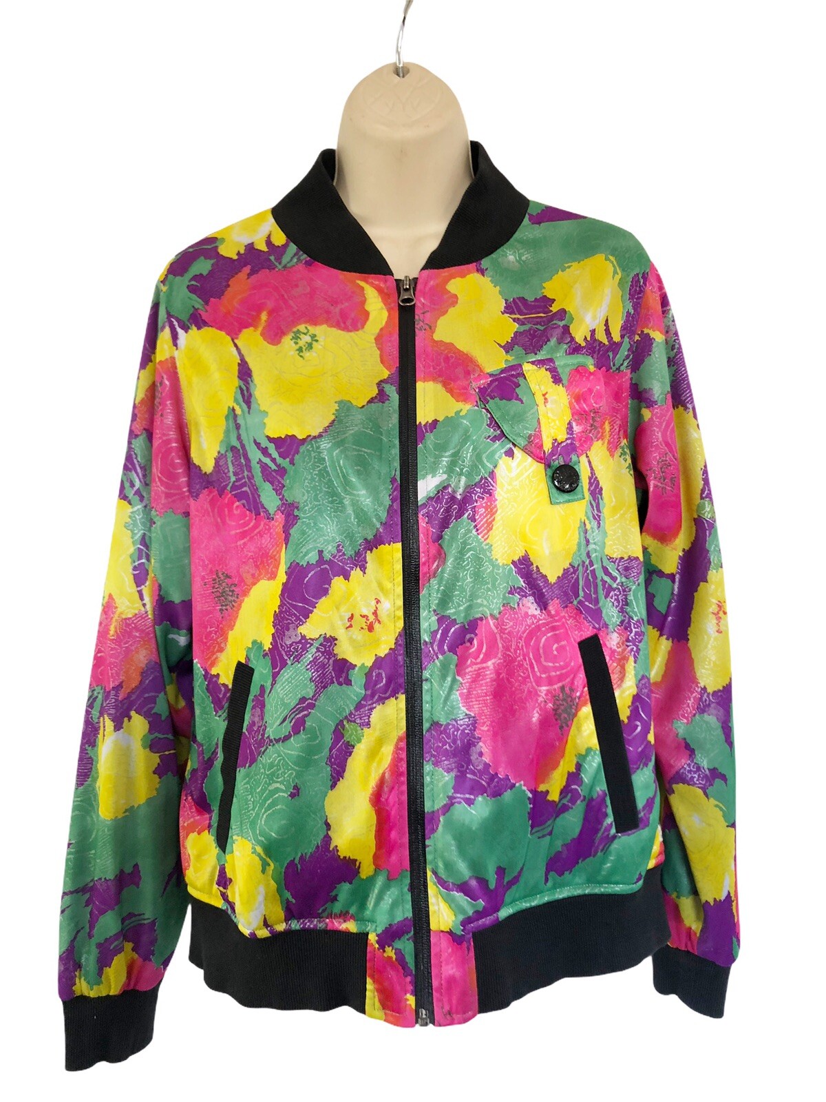 Vintage Hellz Bellz 80s 90s Sz L Pink Purple Green Floral Zip Up Bomber Jacket
