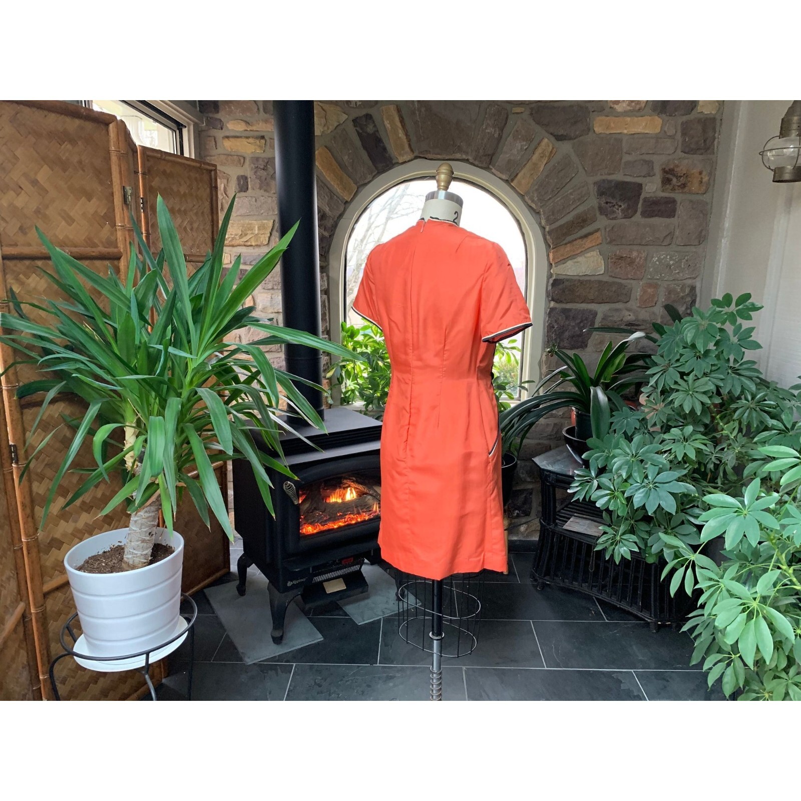 Vintage 1970s Orange Silk Dress Black and Ivory Piping Decorative Buttons