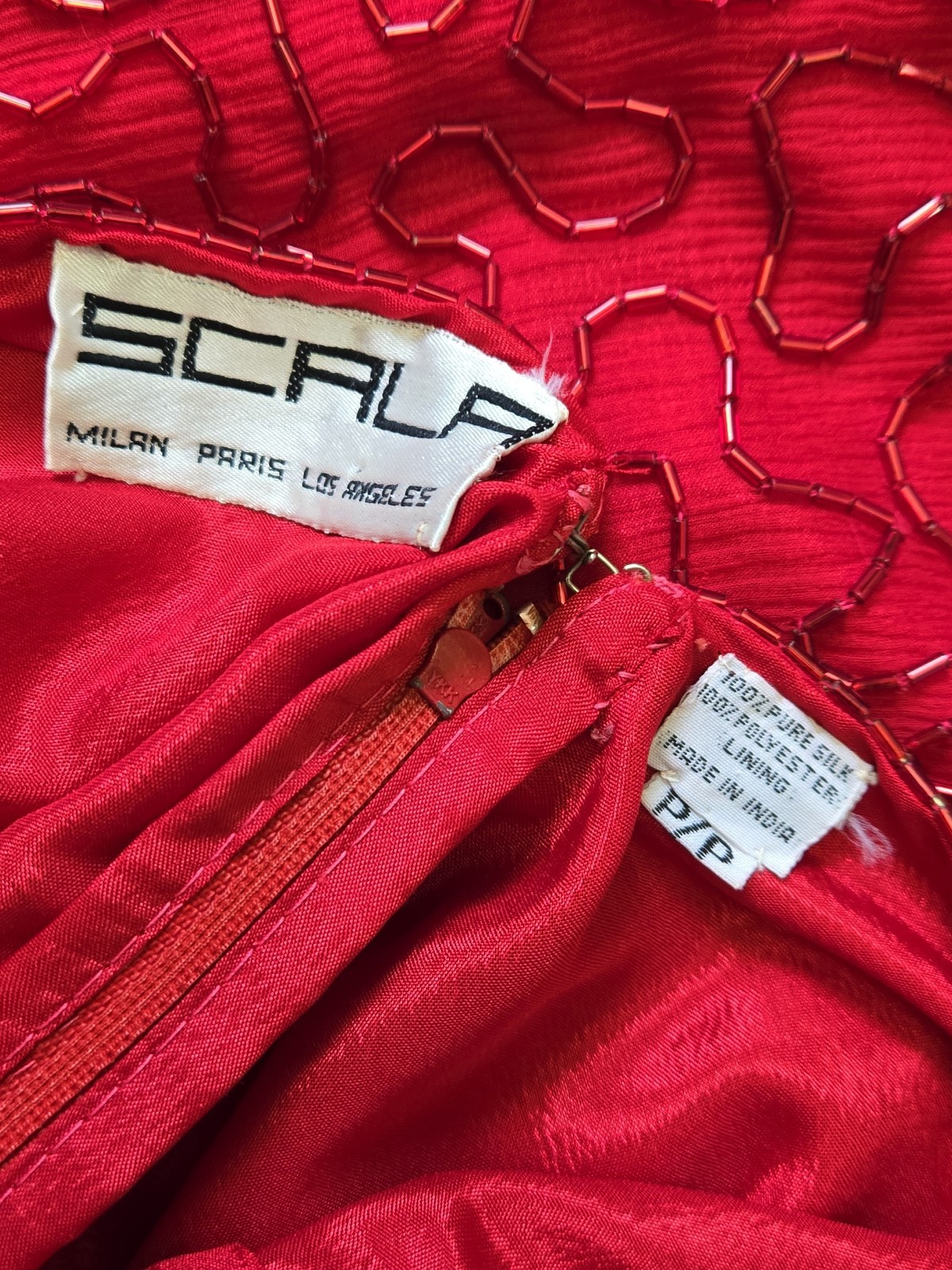 Scala Red & Gold Sequin Beaded Silk Bodycon Cocktail Dress P/P Milan Paris LA