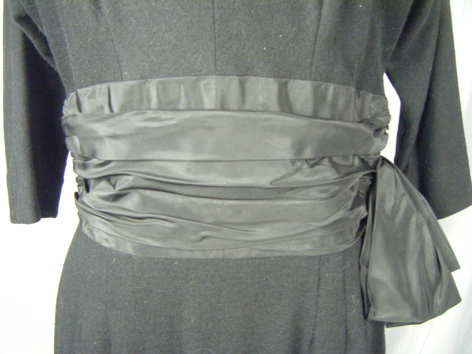 TAILORED JUNIORS Vtg 60s Black Woven Crepe Gathered Bow Dress-Bust 36/XS