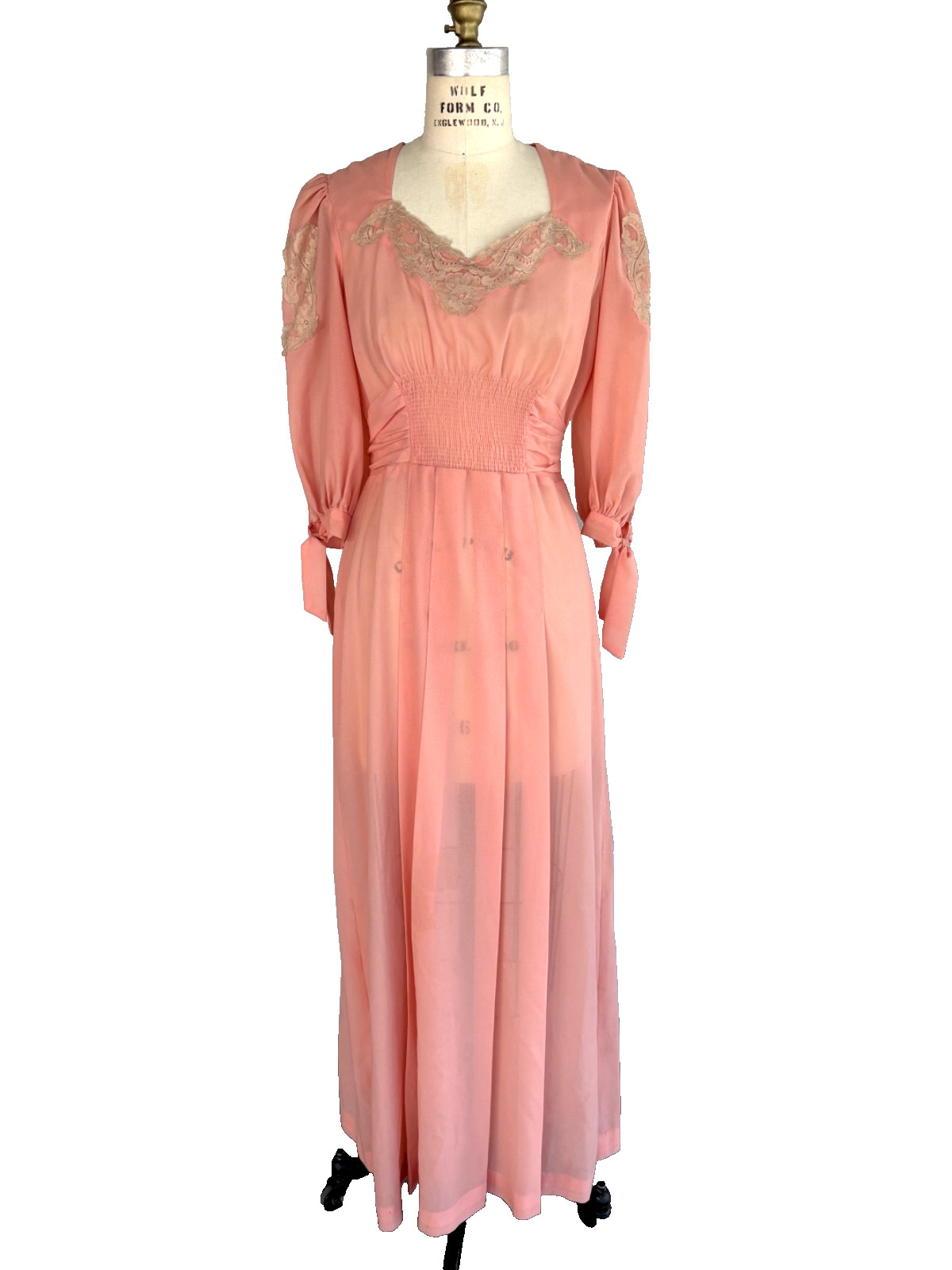 Vintage 70s Malibu Media Peach Lace Maxi Dress Prairie Boho Smocked Waist