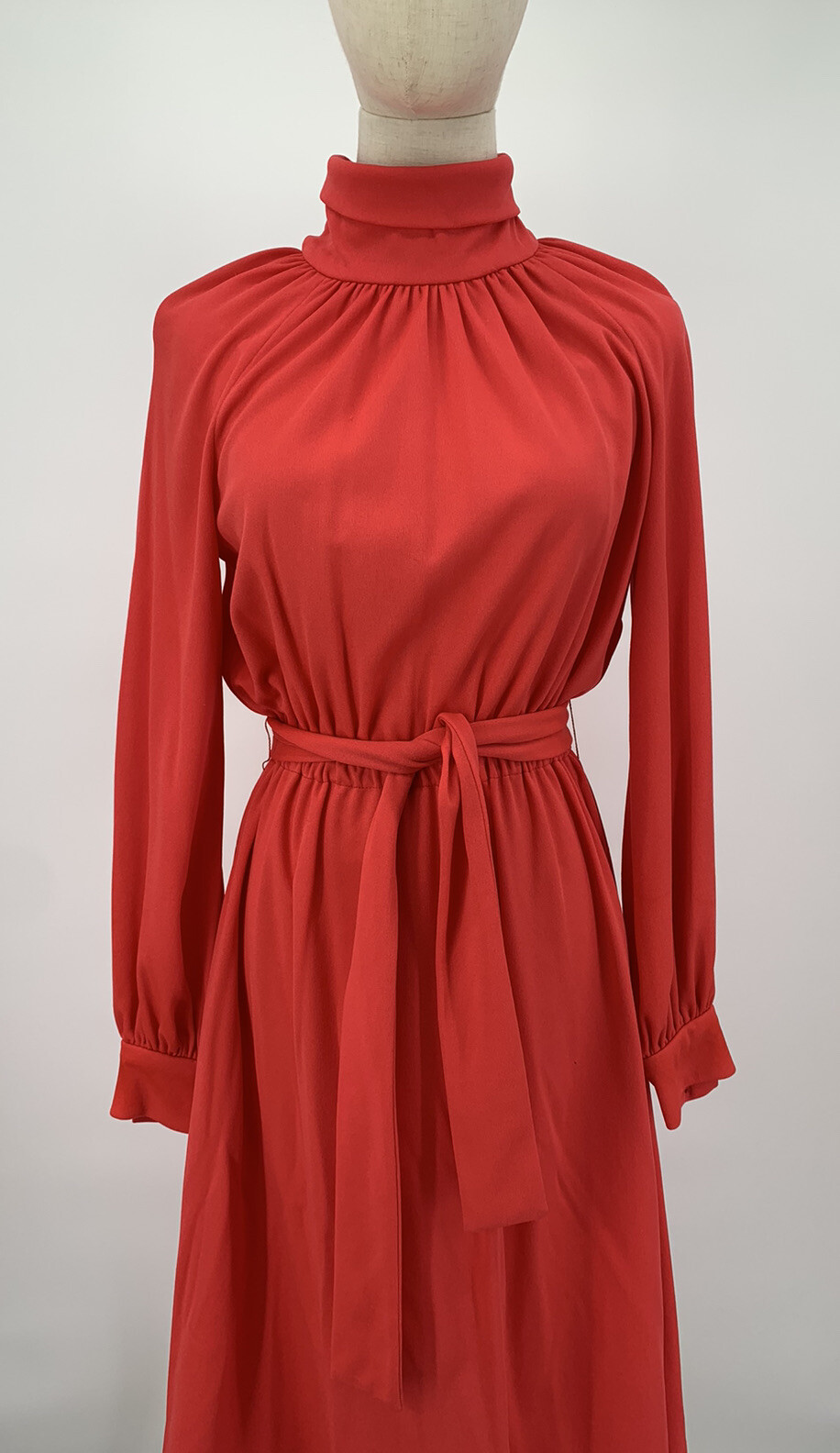 Vintage 70s Carlye Secretary Holiday Red Dress Belted ILGWU Tag High Neck Talon