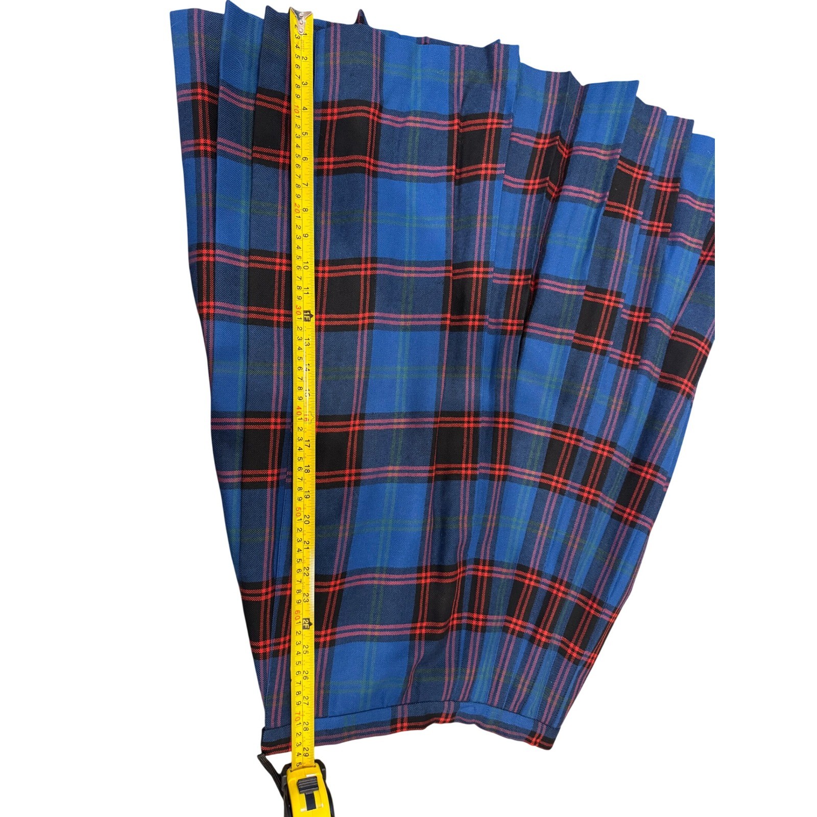 Vintage Ellen Tracy 100% Pure Wool Plaid Pleated Midi Skirt Blue Red Size 7/8