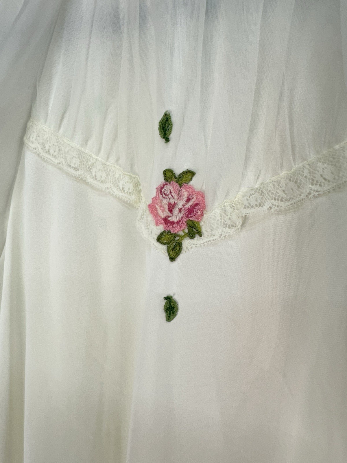 VTG 1960s Sheer Nylon Peignoir Robe Topper Ivory Pink Rose Embroidered Lace Trim