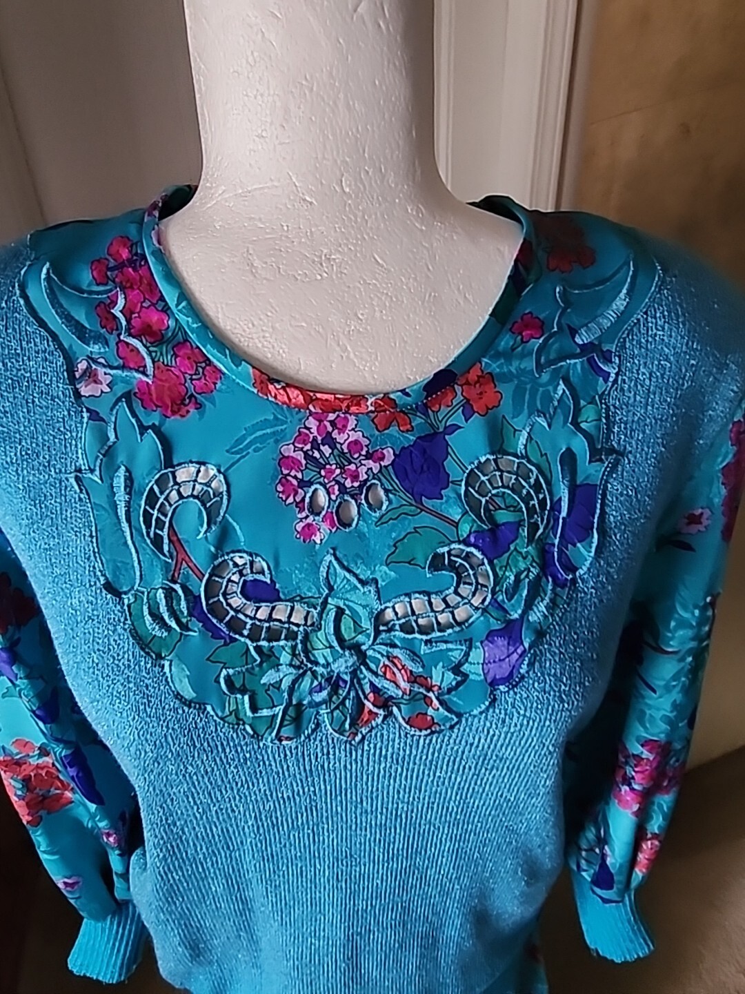 Vintage Anthony Sicari Long Sleeve Knit Top Skirt Set Teal Blue/Multicolored 12