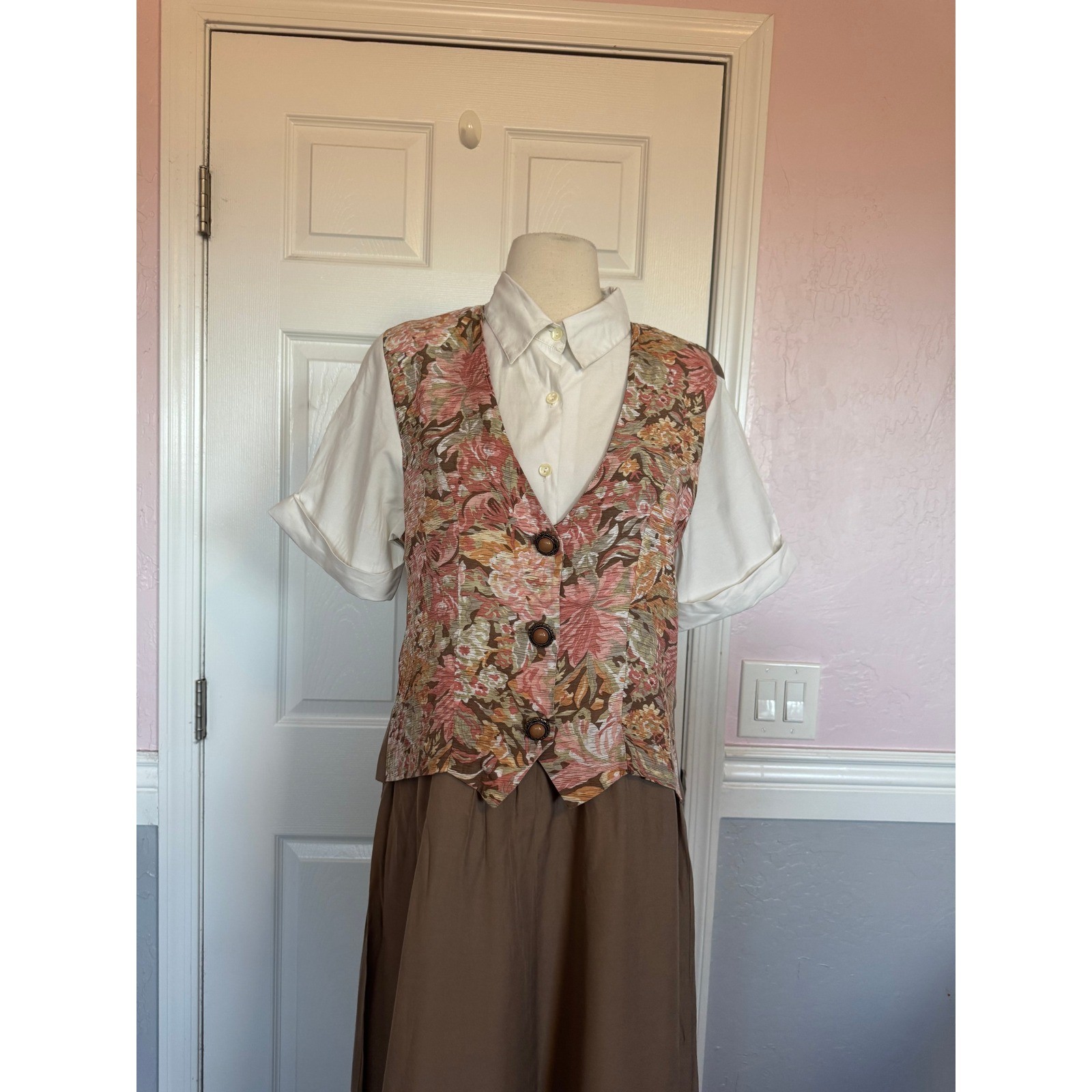 VTG Carole Little Floral Vest Layered Midi Dress Tan Pink 90s Cottagecore SZ 10