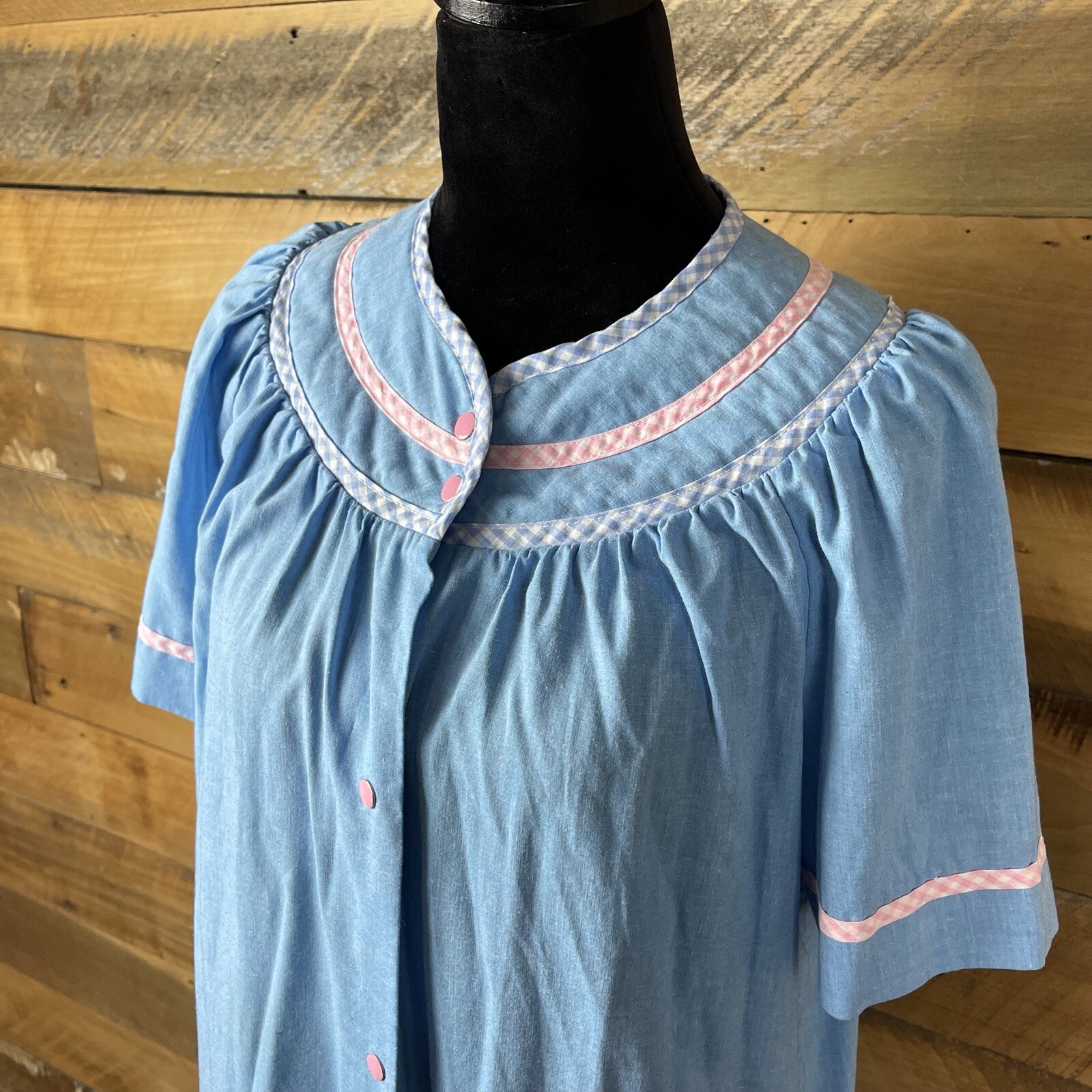 Vintage Dan-Ellen Brand Blue Poly Cotton Robe With Pink & Blue Gingham Trim