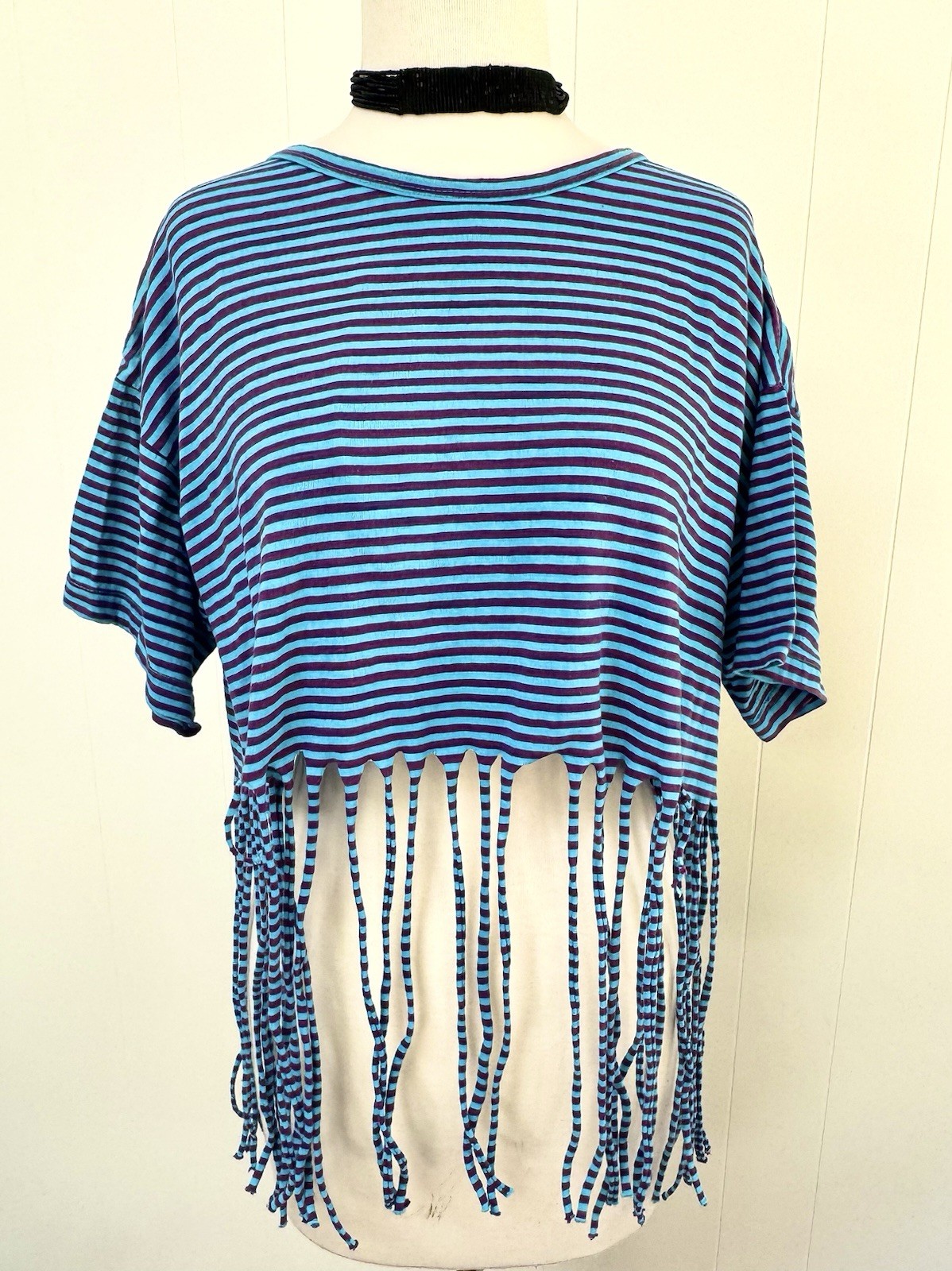 Vintage Jou Jou 80s Striped Crop Fringe Shirt Tee T One Size Blue Purple VTG