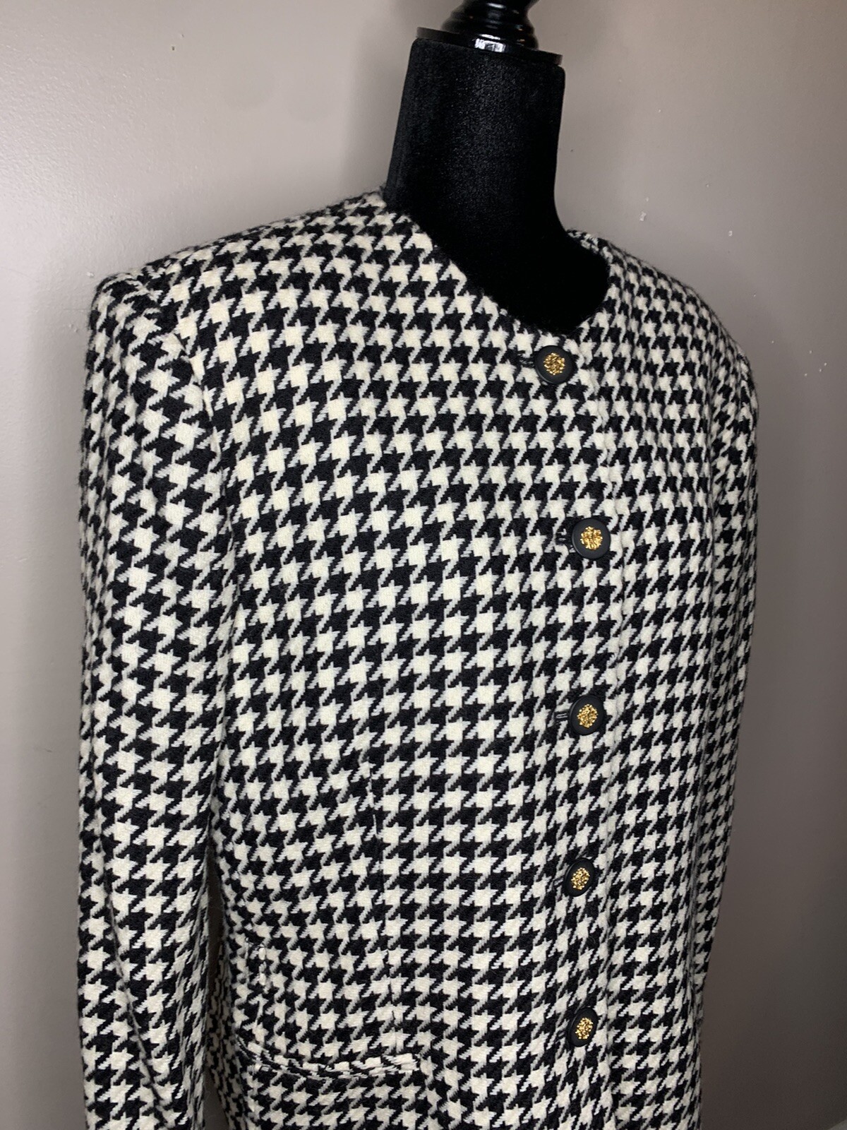 Vintage Jones New York Wool Dress Jacket Blazer Black White Houndstooth Women 16