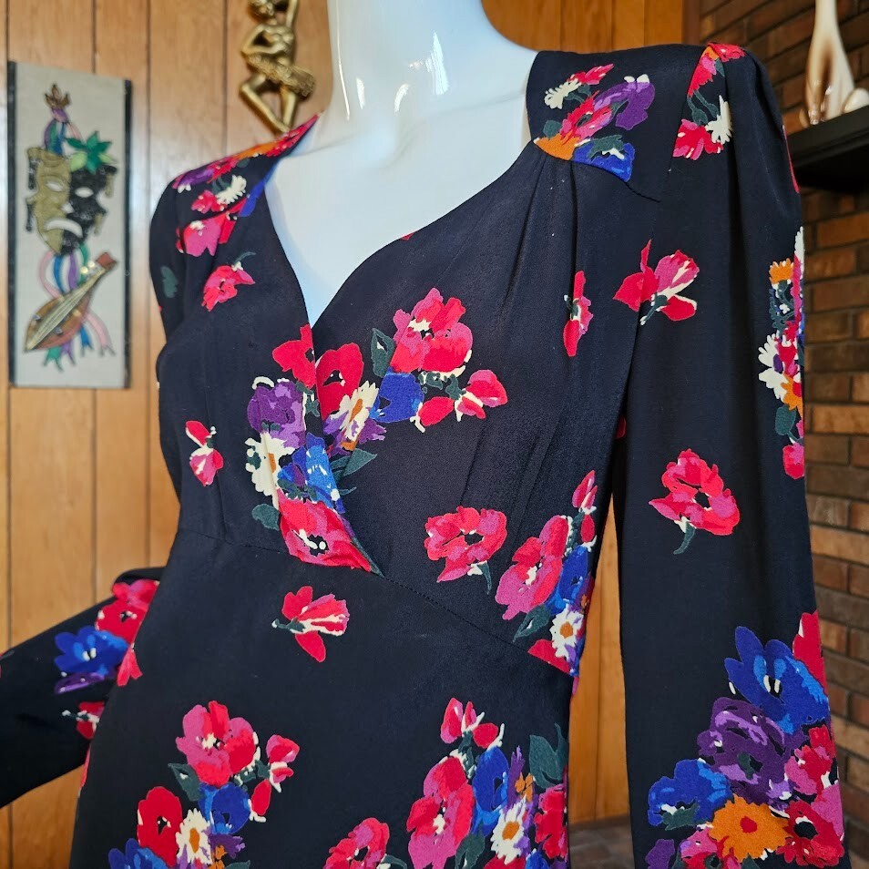 Vintage 80s does 40s Rayon Dramatic Floral Rayon Midi Formal Tea Party Dress M/L