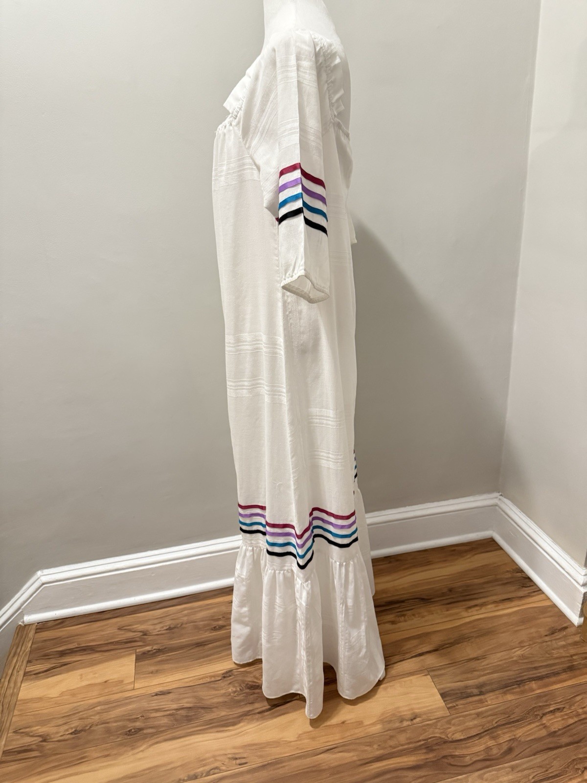 Vtg Liberty House Carol Bennett Kaftan Maxi Dress White Colorful Ribbon M READ